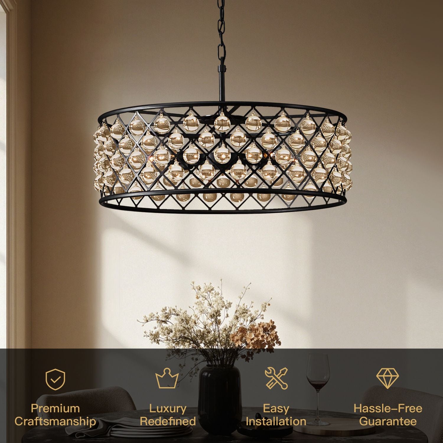 Harlow Vintage Matte Black K9 Crystal Round Chandelier key features: Premium Craftsmanship, Luxury Redefined, Easy Installation, Hassle-Free Guarantee | Sofary Lighting