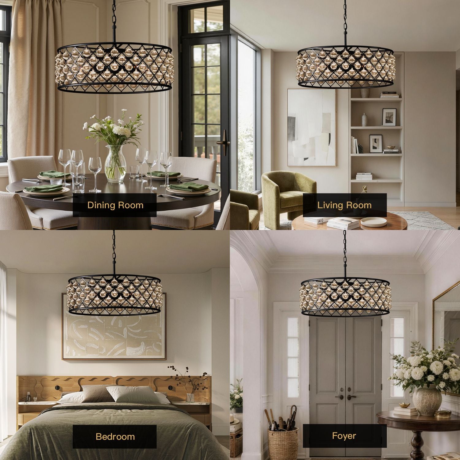 Harlow Vintage Matte Black K9 Crystal Round Chandelier in 4 home scenes: Dining Room (round table), Living Room (beige sofa), Bedroom (wooden bed), Foyer (gray double doors) | Sofary Lighting