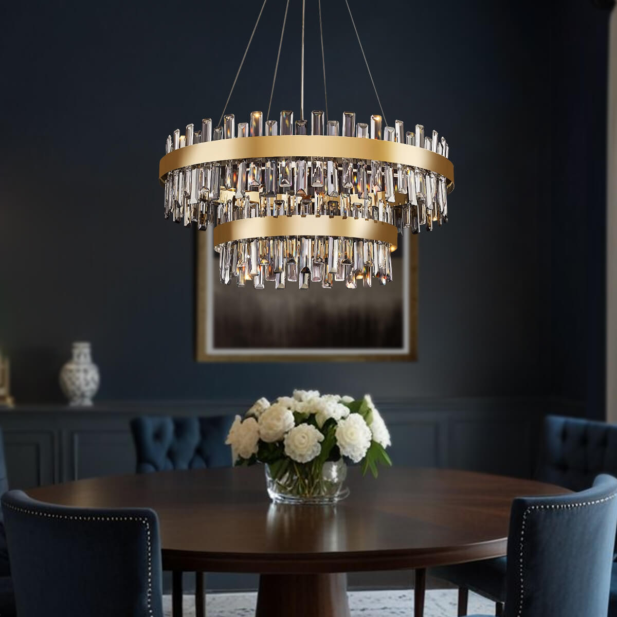 Aurum Elegance Modern Gold Brass Dual Tier Crystal Round Chandelier for ...