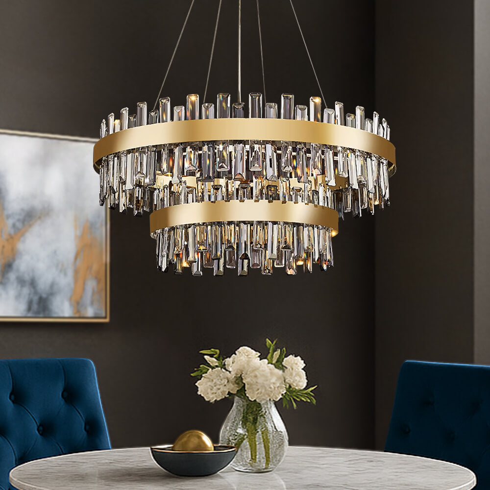 Aurum Elegance Modern Gold Brass Dual Tier Crystal Round Chandelier for ...
