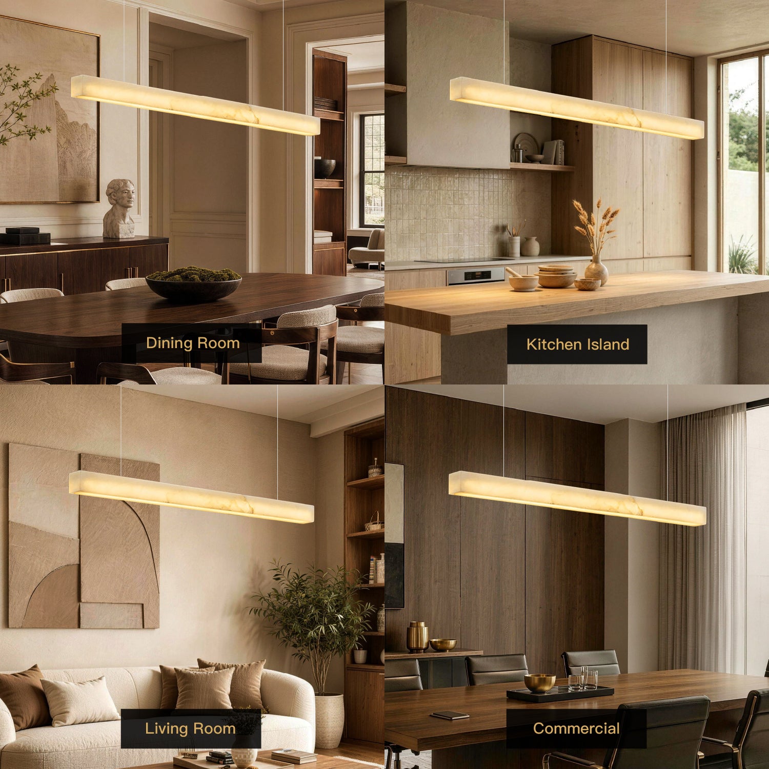 Horizon Modern Minimalist Alabaster Ultra-Slim Linear LED Chandelier in 4 home and commercial scenes: Dining Room (table setting), Kitchen Island (wooden countertop), Living Room (sofa and coffee table), Commercial (concrete wall interior) | Sofary Lighting