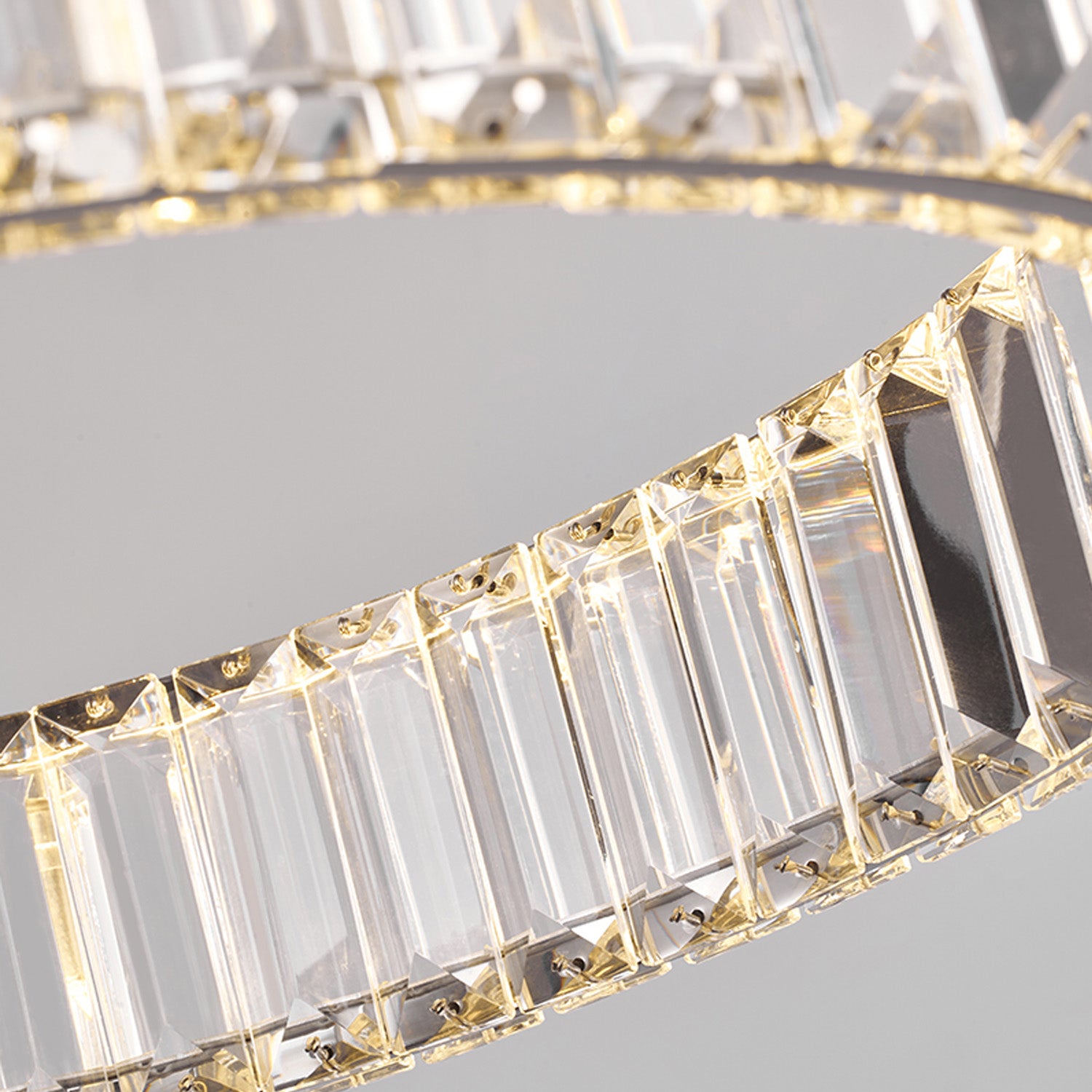 close up detail of k9 crystal prisms used in modern luxury gold ring chandelier | Sofary Lighting