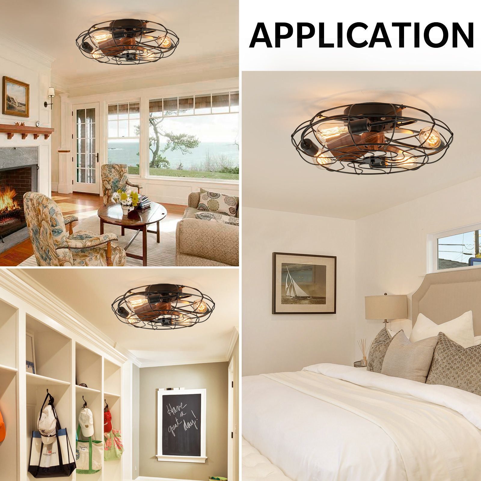 Kestrel Industrial Fan in real-life settings — bright coastal bedroom with large windows, walk-in closet with clothing racks, boho-chic decor | Sofary Lighting