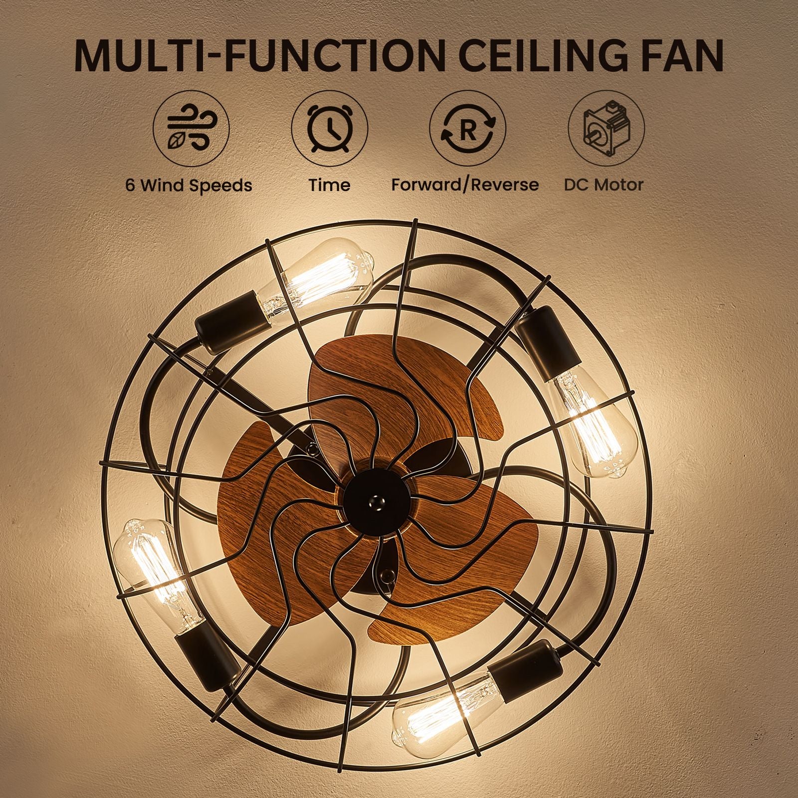 Kestrel Ceiling Fan key features — 6 wind speeds, reversible motor (summer/winter), dimmable light, DC motor, quiet operation, E26 bulb compatible | Sofary Lighting