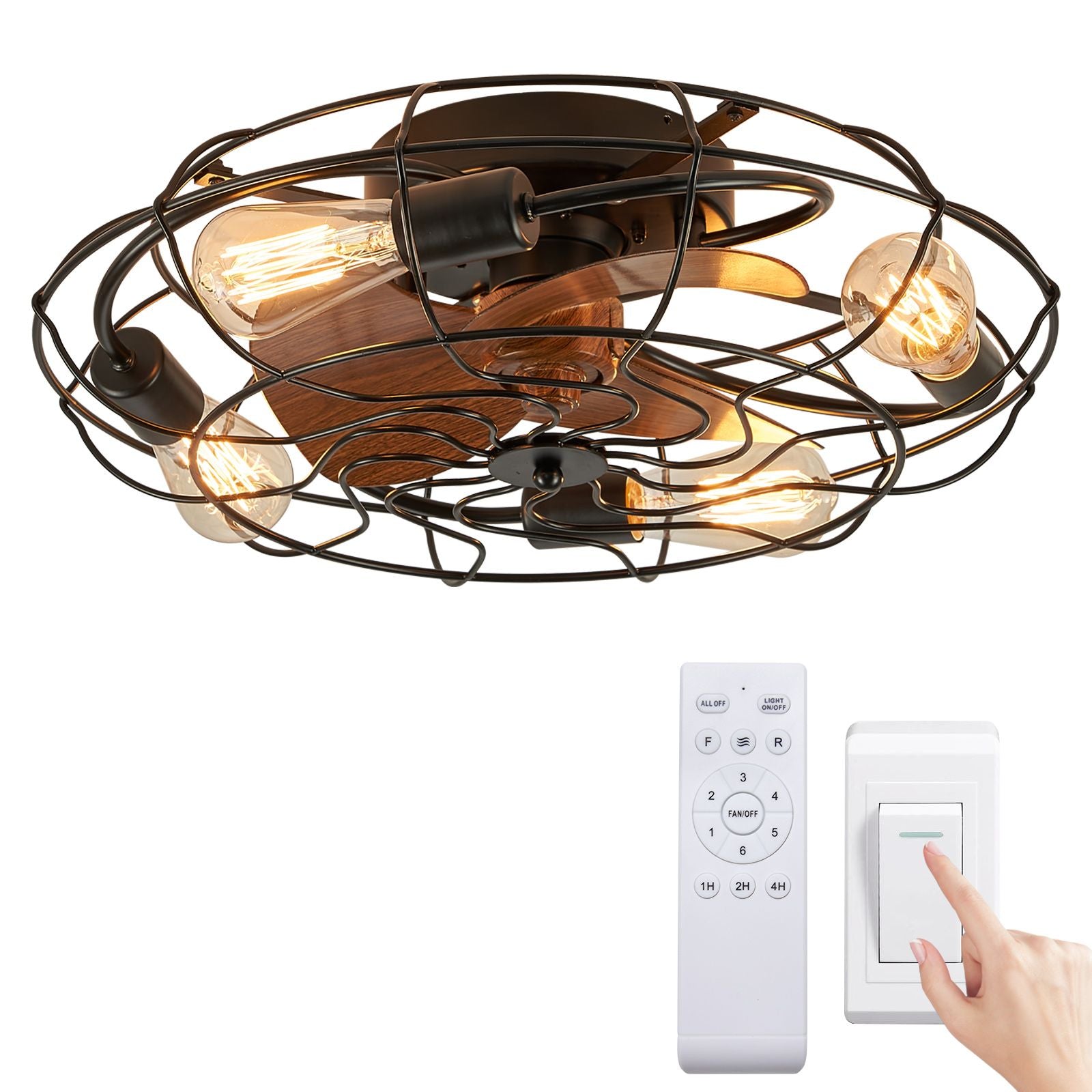 Kestrel 21" Industrial Caged Ceiling Fan with Light — black metal frame, exposed wood grain blades, Edison bulbs, modern rustic design for bedroom or living room | Sofary Lighting