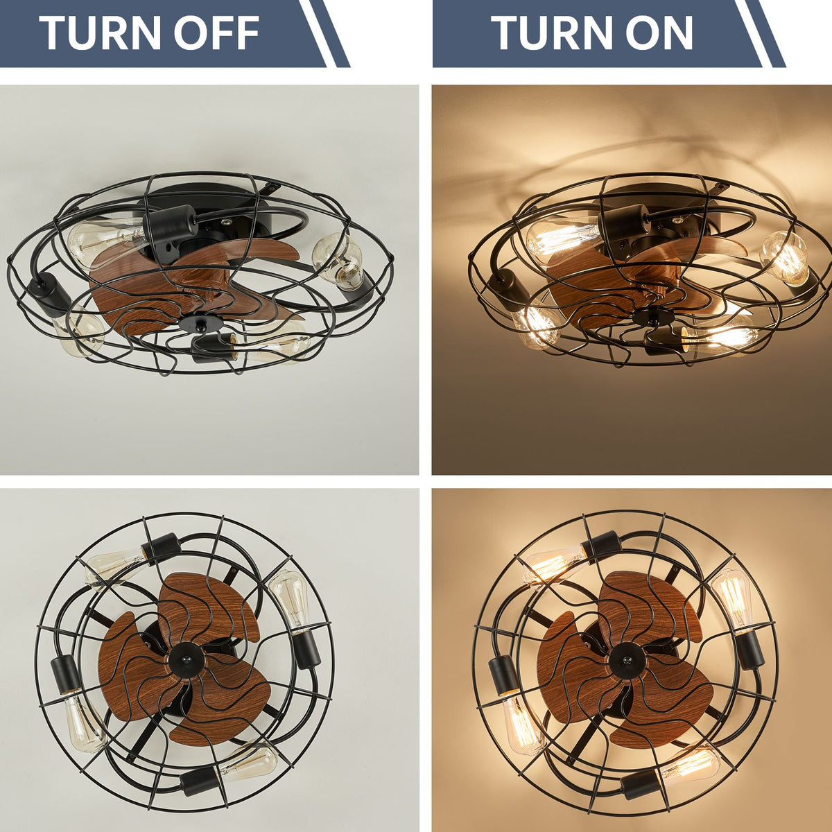 Kestrel Fan light OFF vs ON — warm Edison glow illuminates room, dimmable E26 bulbs (not included) enhance ambiance in bedroom or closet | Sofary Lighting
