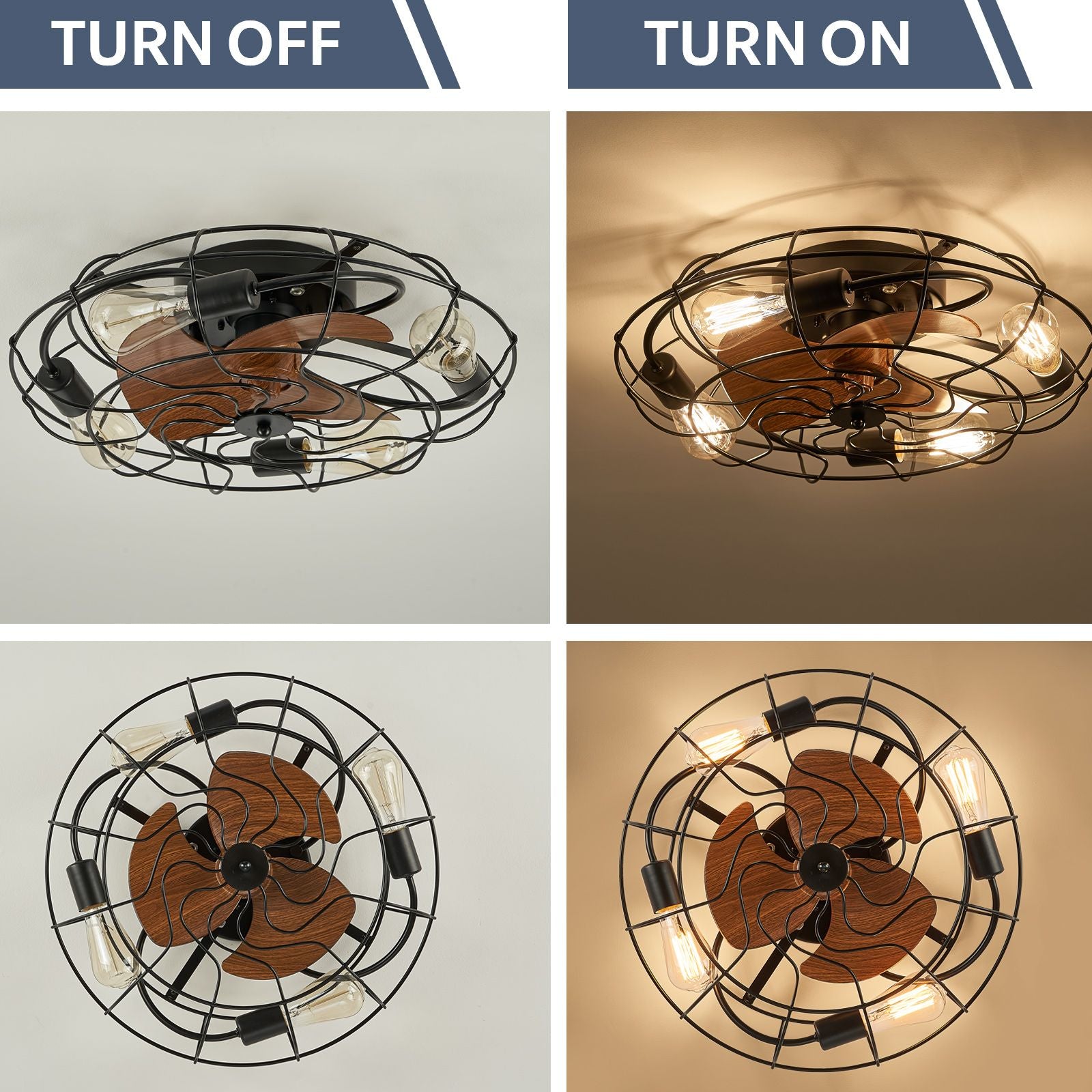 Kestrel Fan light OFF vs ON — warm Edison glow illuminates room, dimmable E26 bulbs (not included) enhance ambiance in bedroom or closet | Sofary Lighting