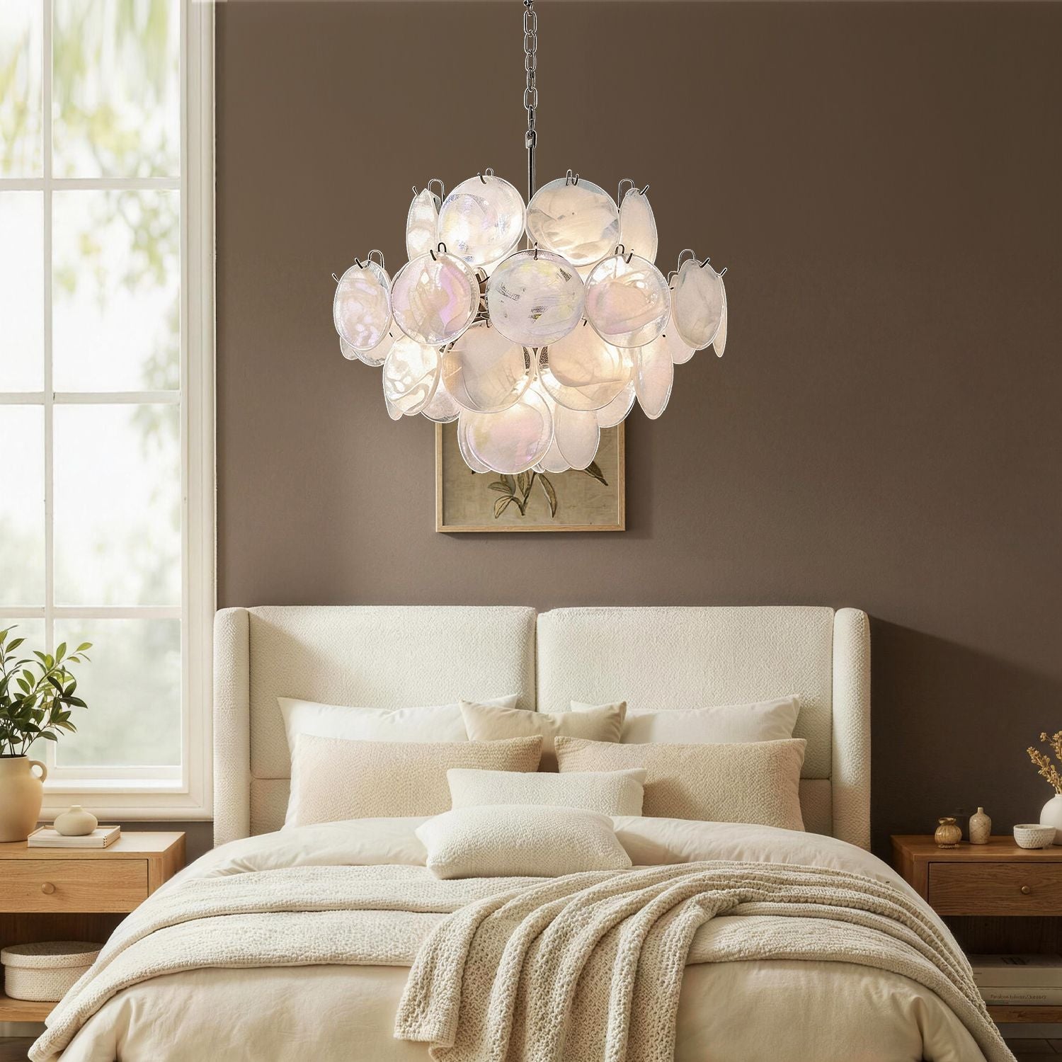 Luna Artistic Nordic Moonlight White Acrylic Petal Three-Color Eye-Care Chandelier provides serene, eye-friendly illumination over a stylish bedroom with neutral tones and soft textures | Sofary Lighting