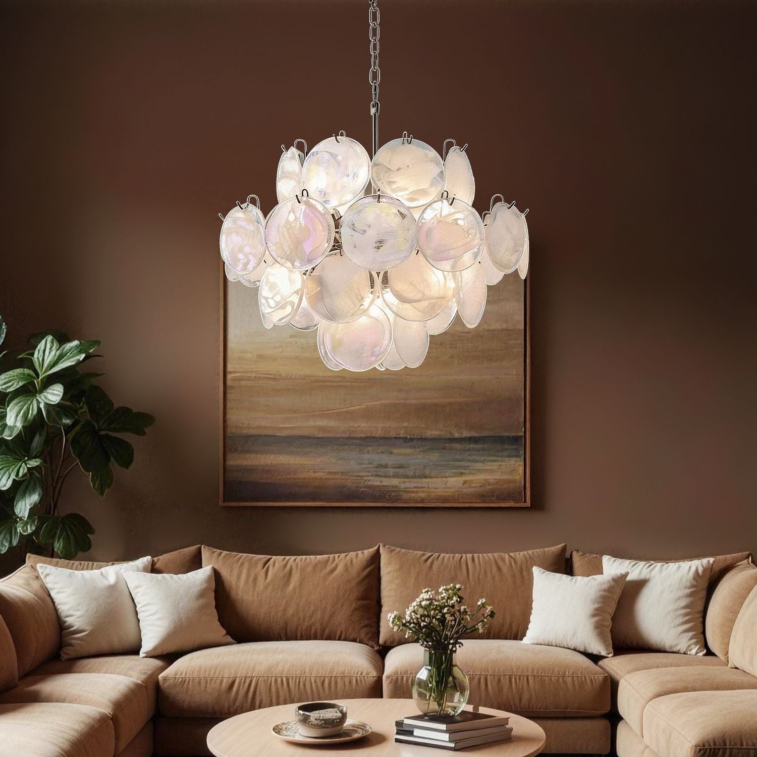 Luna Artistic Nordic Moonlight White Acrylic Petal Three-Color Eye-Care Chandelier enhances cozy living room ambiance with its soft white acrylic petals and three-color dimming for relaxing eye comfort | Sofary Lighting