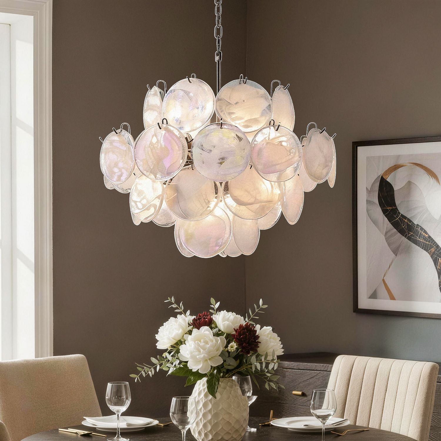 Luna Artistic Nordic Moonlight White Acrylic Petal Three-Color Eye-Care Chandelier gently illuminates a modern dining room with soft, layered petal-shaped shades and eye-friendly lighting | Sofary Lighting
