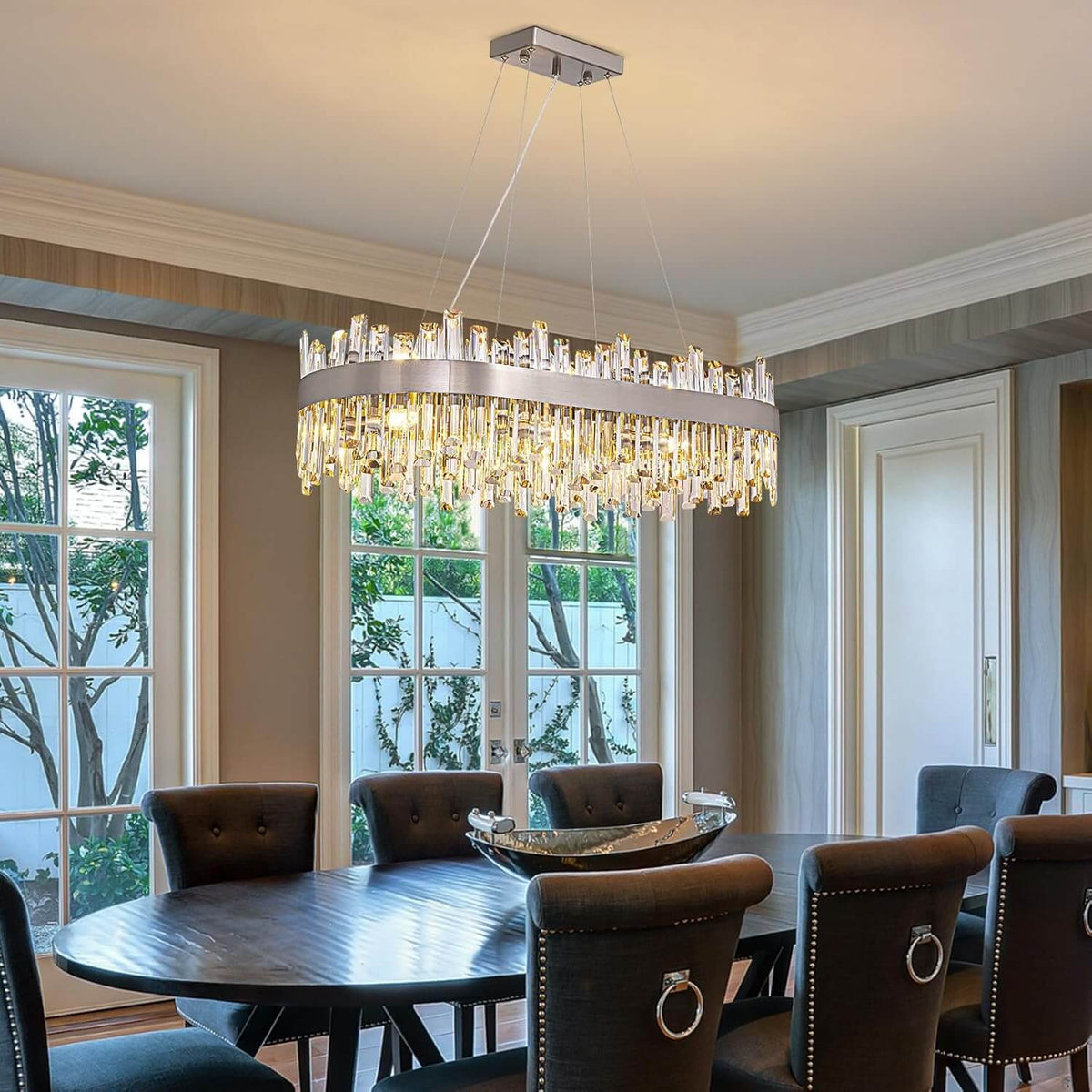 Luxora Modern Elegance Chrome Brass Crystal Rectangular Chandelier for ...