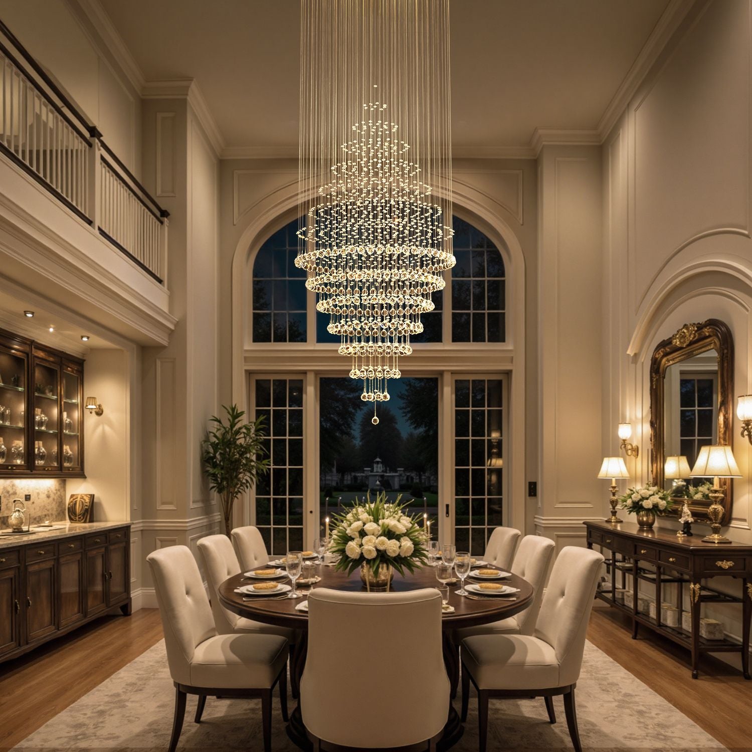 modern round crystal chandelier lighting fixture above dining table in elegant dining room | Sofary Lighting