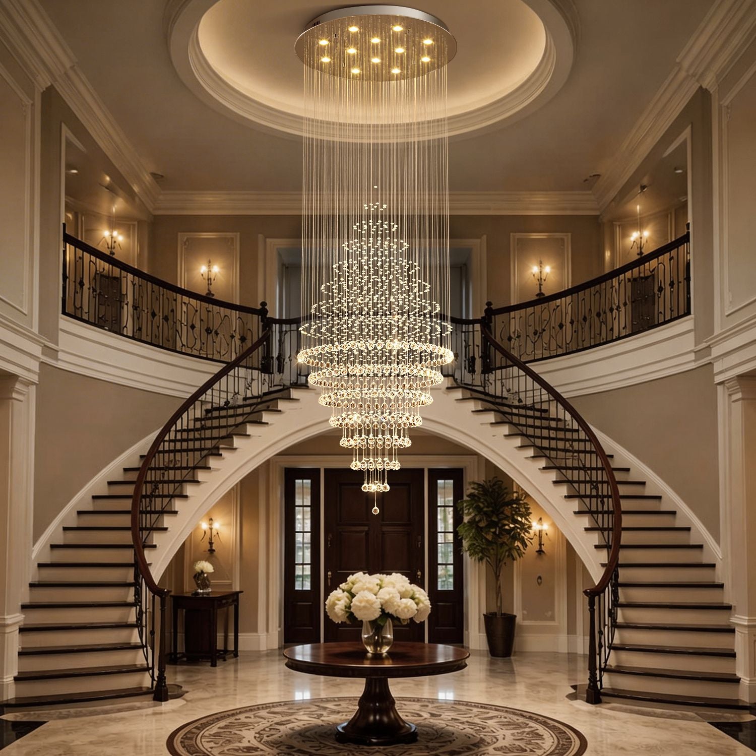 luxury modern round crystal chandelier staircase lighting fixture installed in large foyer with double staircase | Sofary Lighting