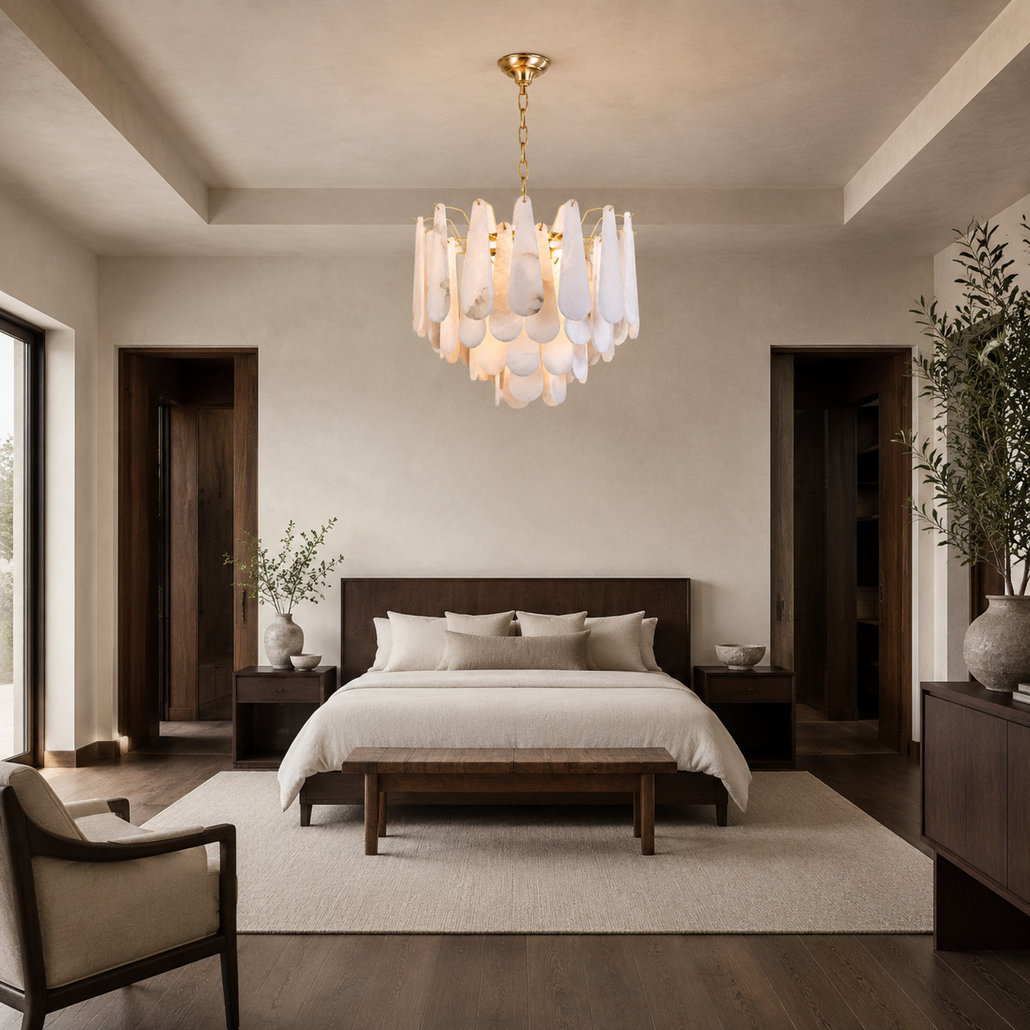 Marivelle gold alabaster tiered chandelier in a bedroom