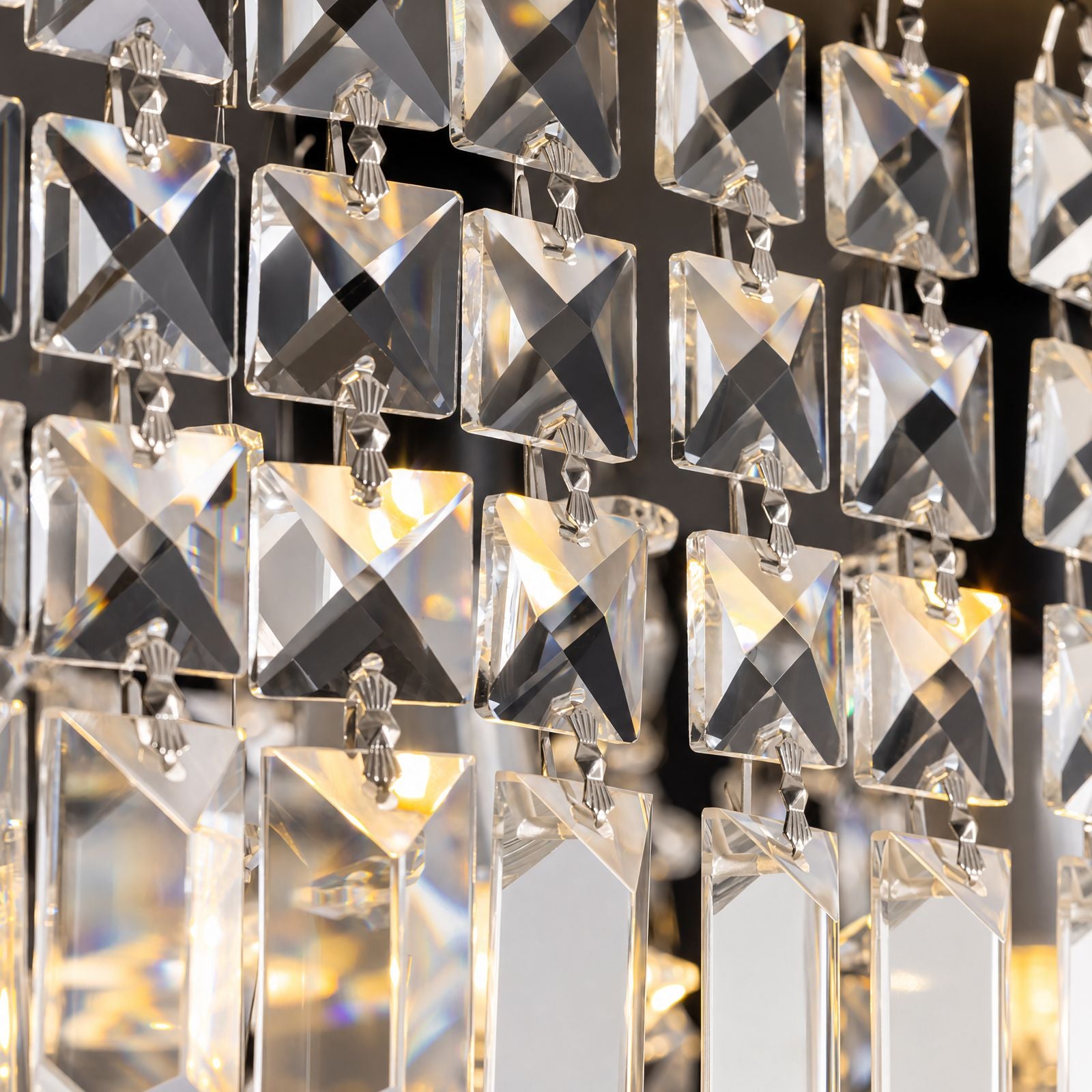Matrix Chandelier structural detail — adjustable cables, flat/sloped ceiling compatibility, and secure crystal attachment points | Sofary Lighting