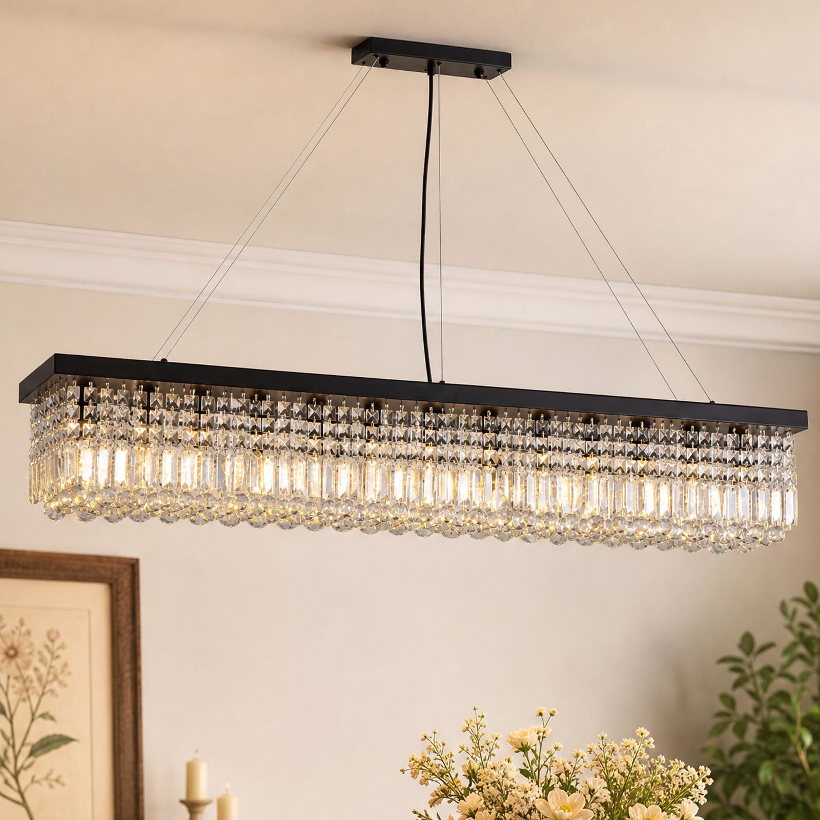 Matrix Modern Geometric Linear Chandelier — black metal frame with cascading crystal prisms, ideal for contemporary dining rooms and kitchens | Sofary Lighting
