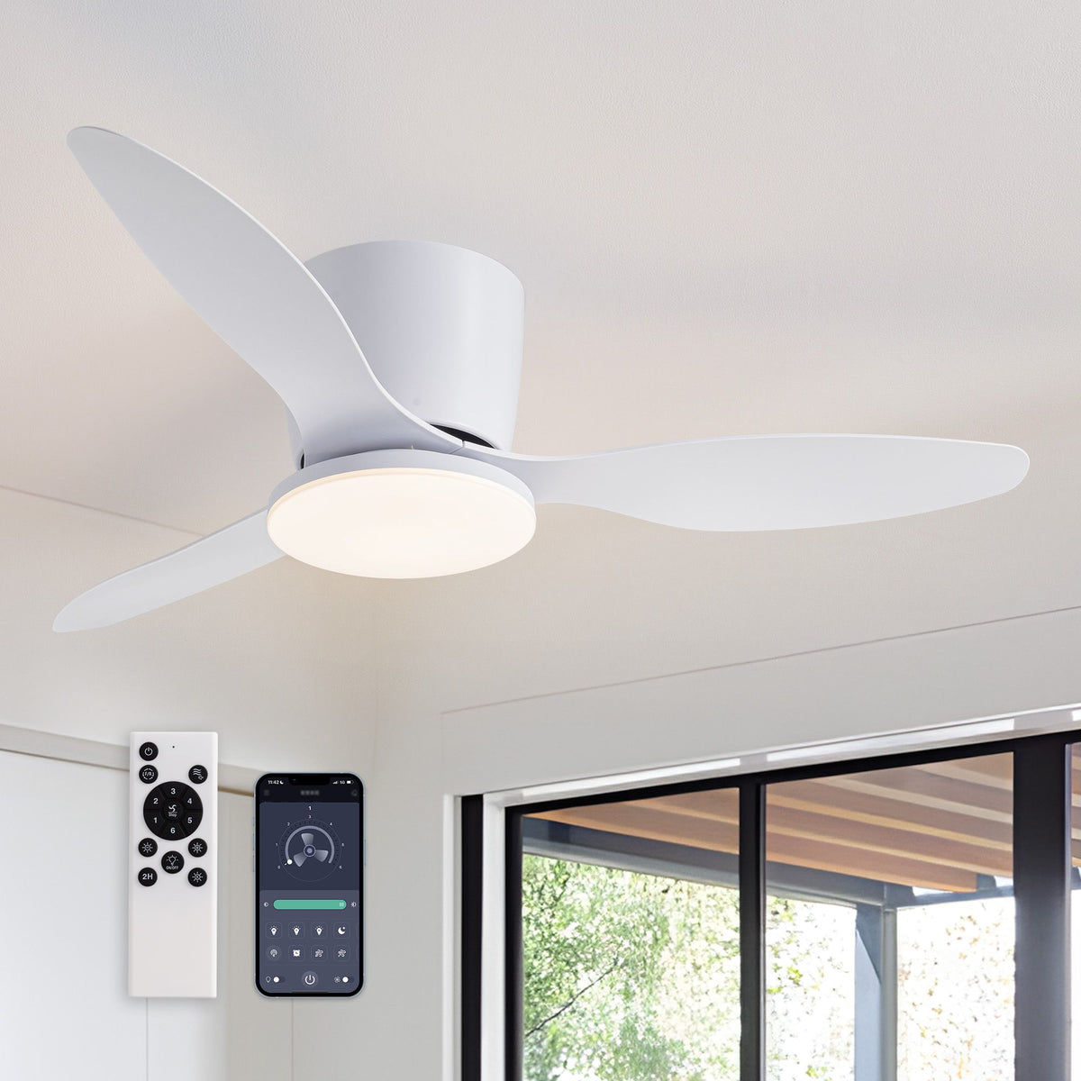 Minimal 42.5" Modern White Flush Mount Ceiling Fan with LED Light — 3 white blades, round LED light, remote & app control, sleek modern design | Sofary Lighting