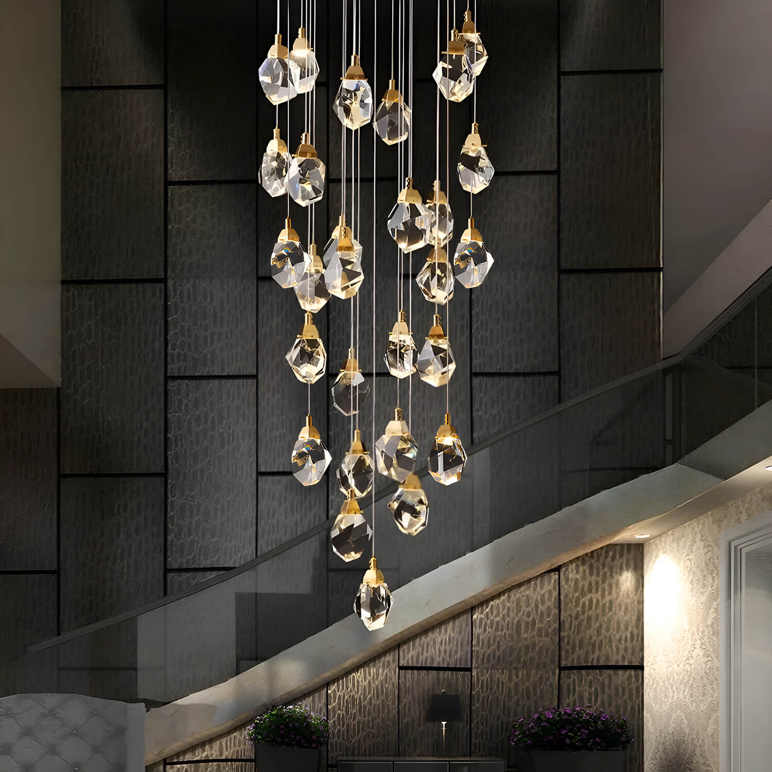 Modern Golden Raindrop Crystal Chandeliers for High Ceilings in Foyer & Living Room