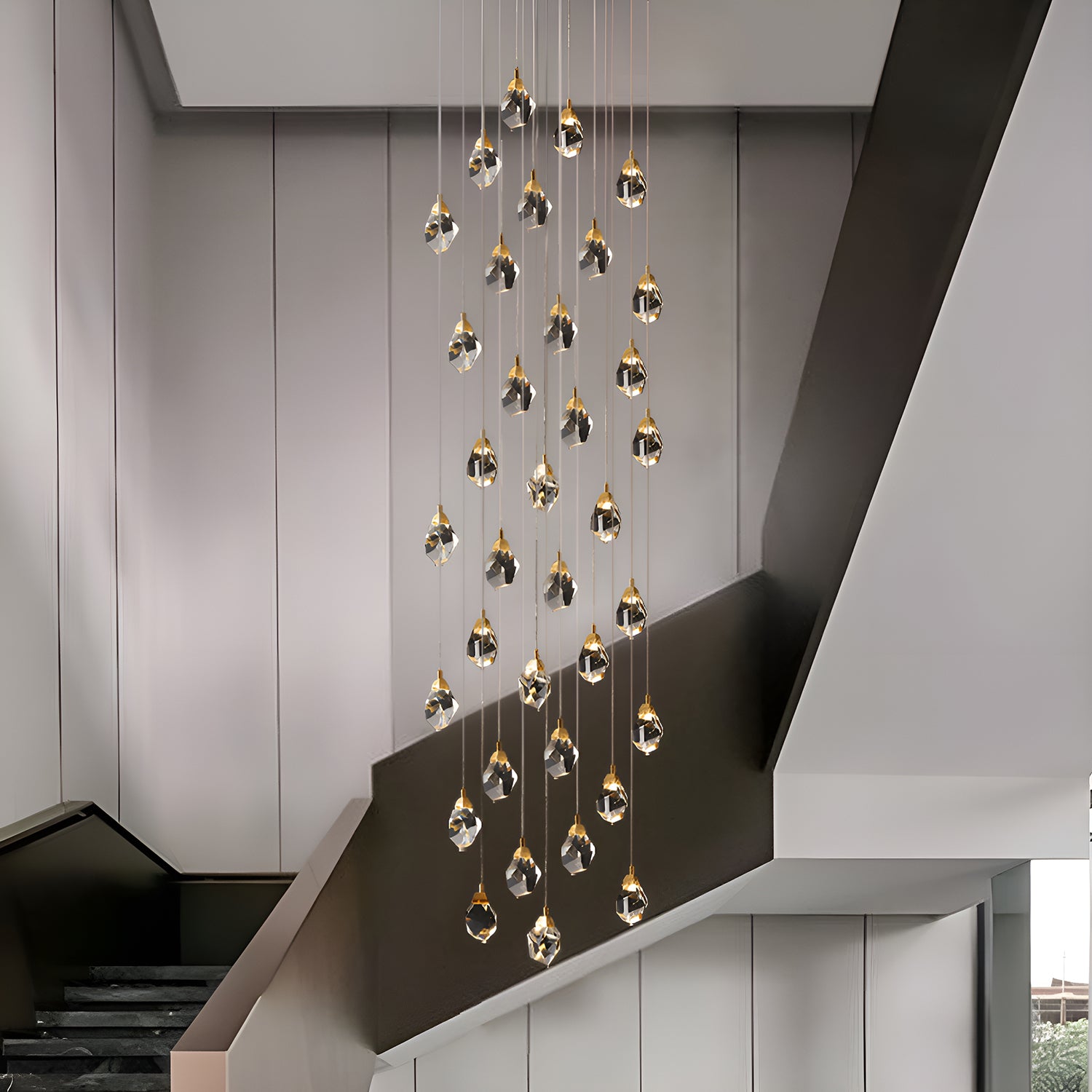 Modern Golden Raindrop Crystal Chandeliers for High Ceilings in Foyer & Living Room