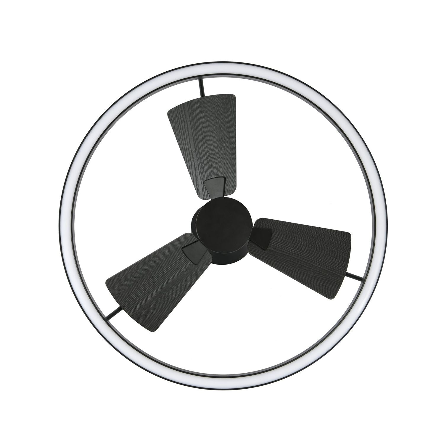 top view of modern black ceiling fan with led ring light and three blades