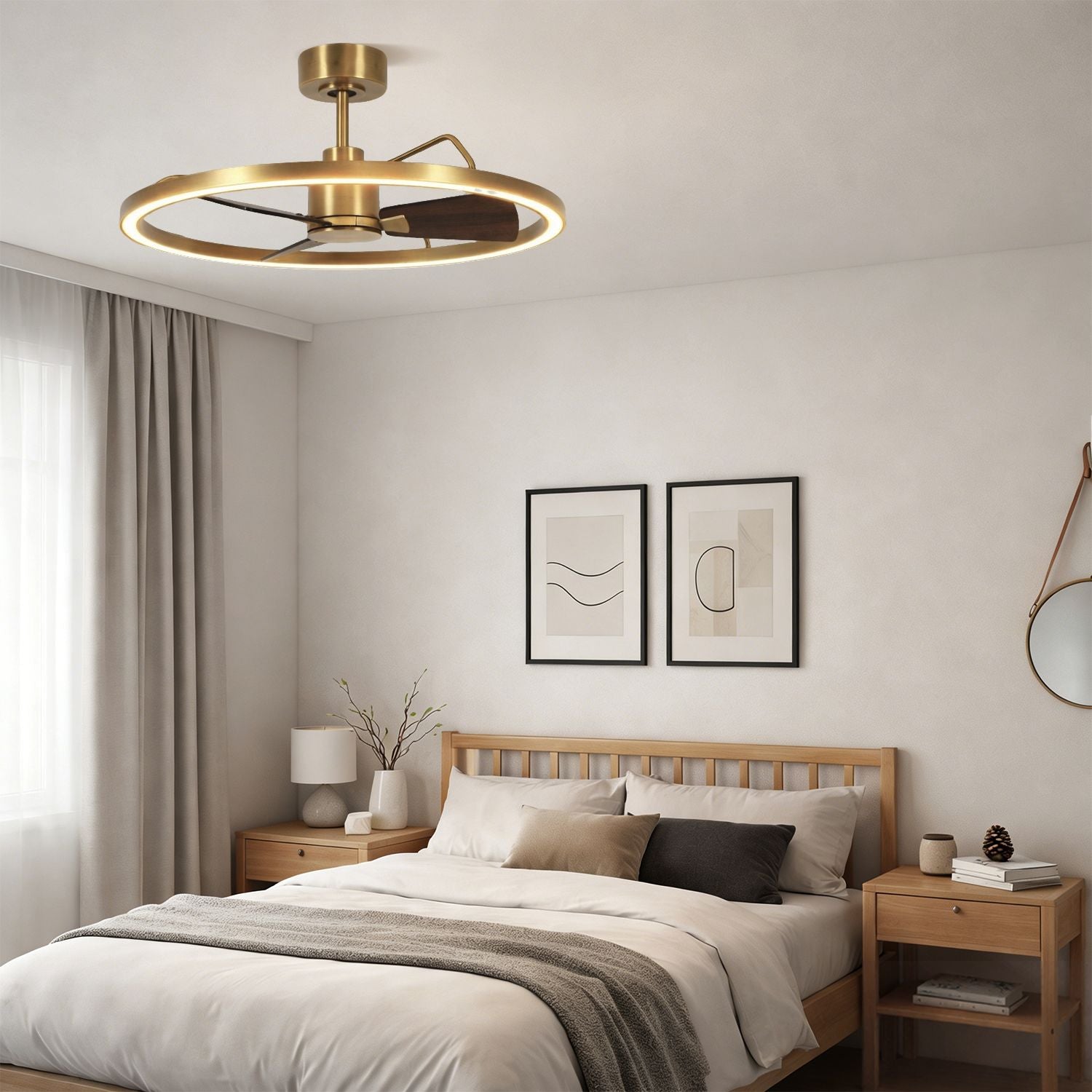 modern brass ceiling fan with led light installed in minimalist bedroom interior