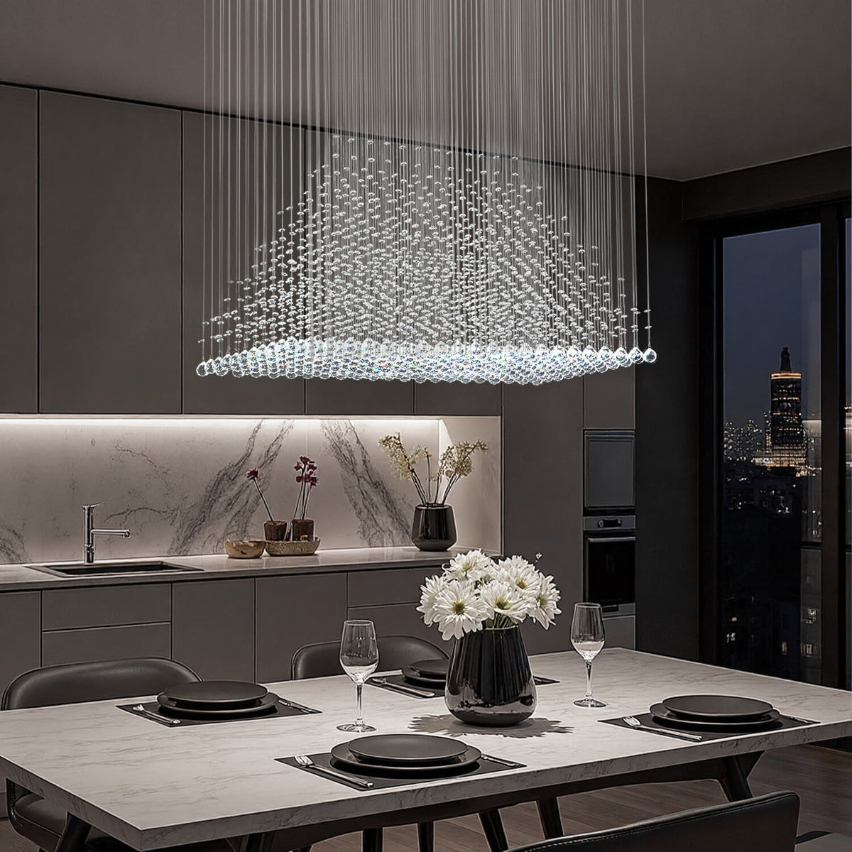 Dining Room Modern Long Hanging Chandelier Modern Crystal Raindrop