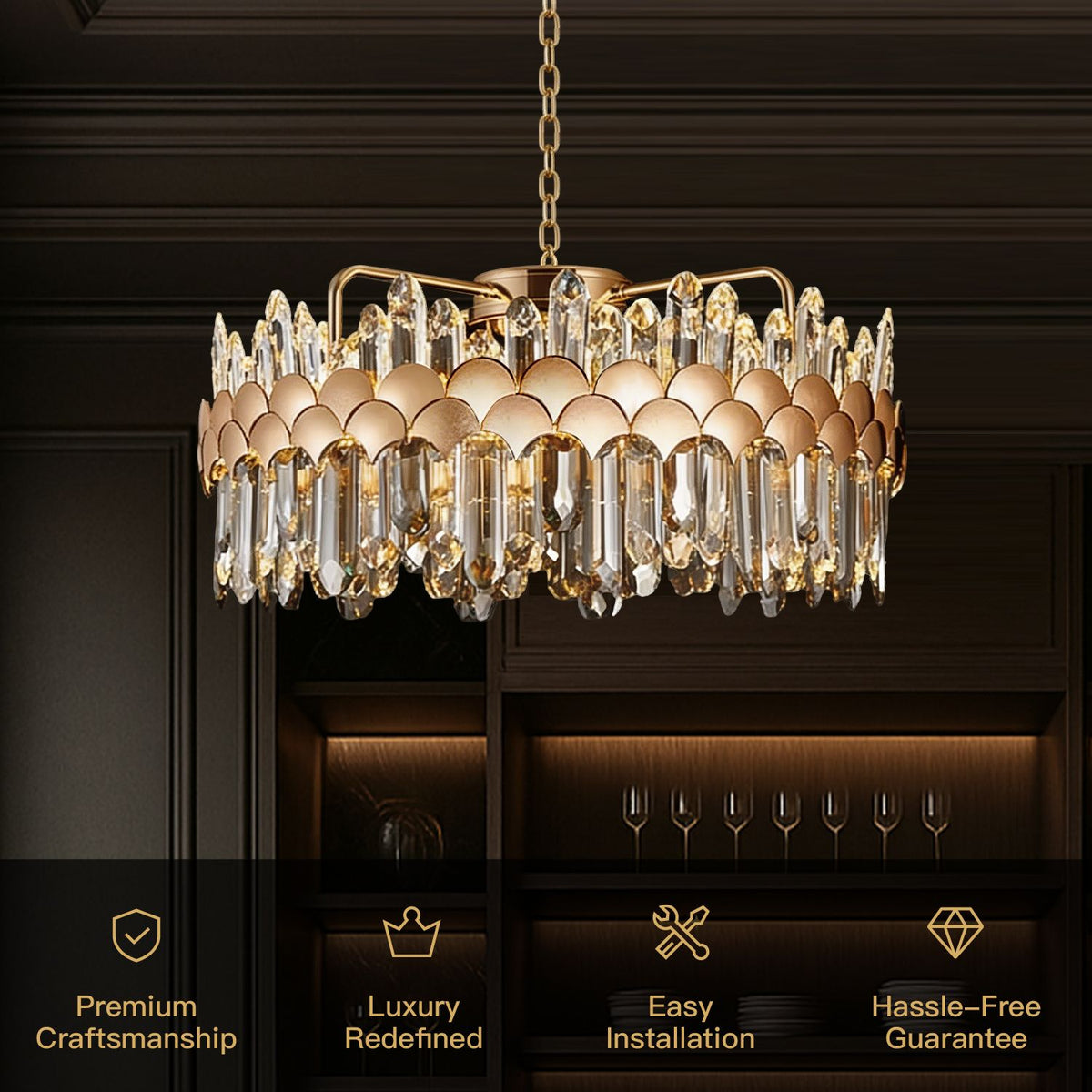 Aurelio Modern Gold K9 Crystal Round Three-Color Dimming Chandelier ...