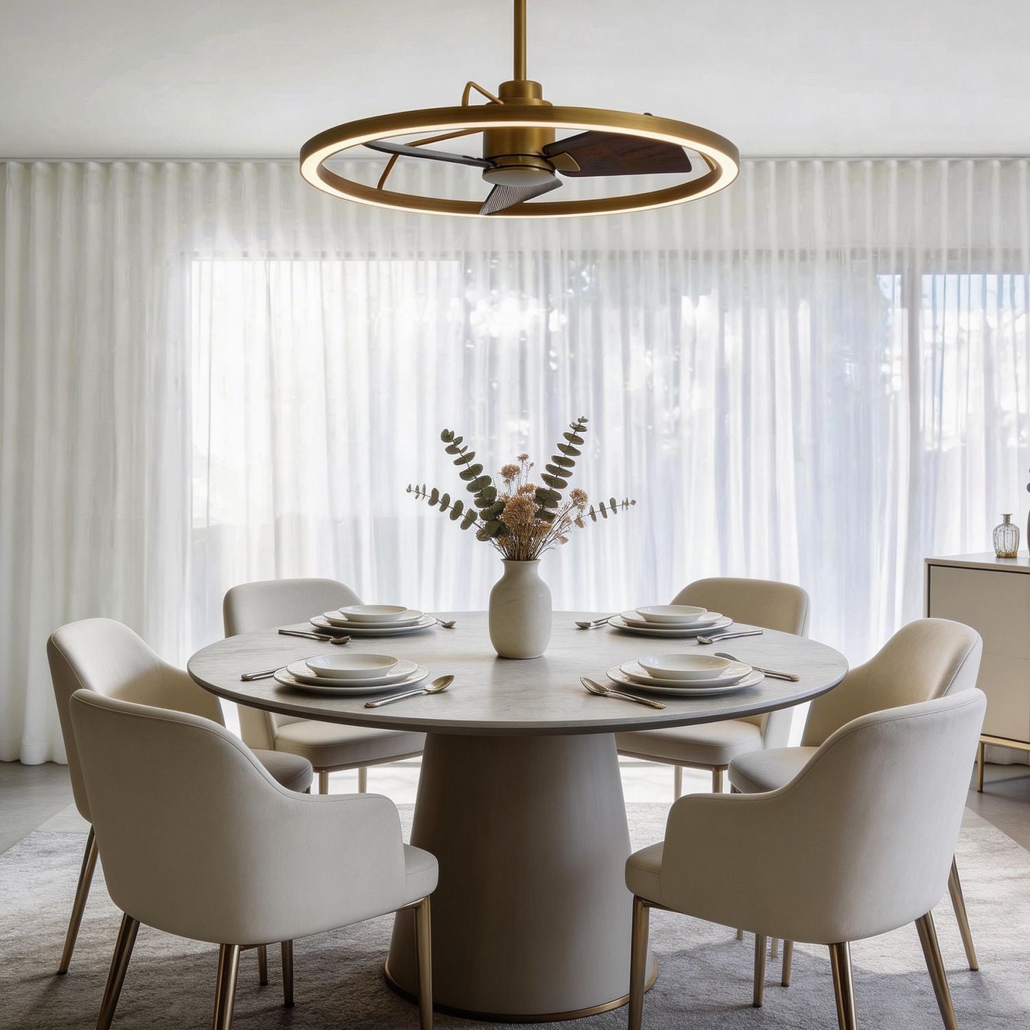modern ceiling fan with led ring light installed above dining table in contemporary dining room
