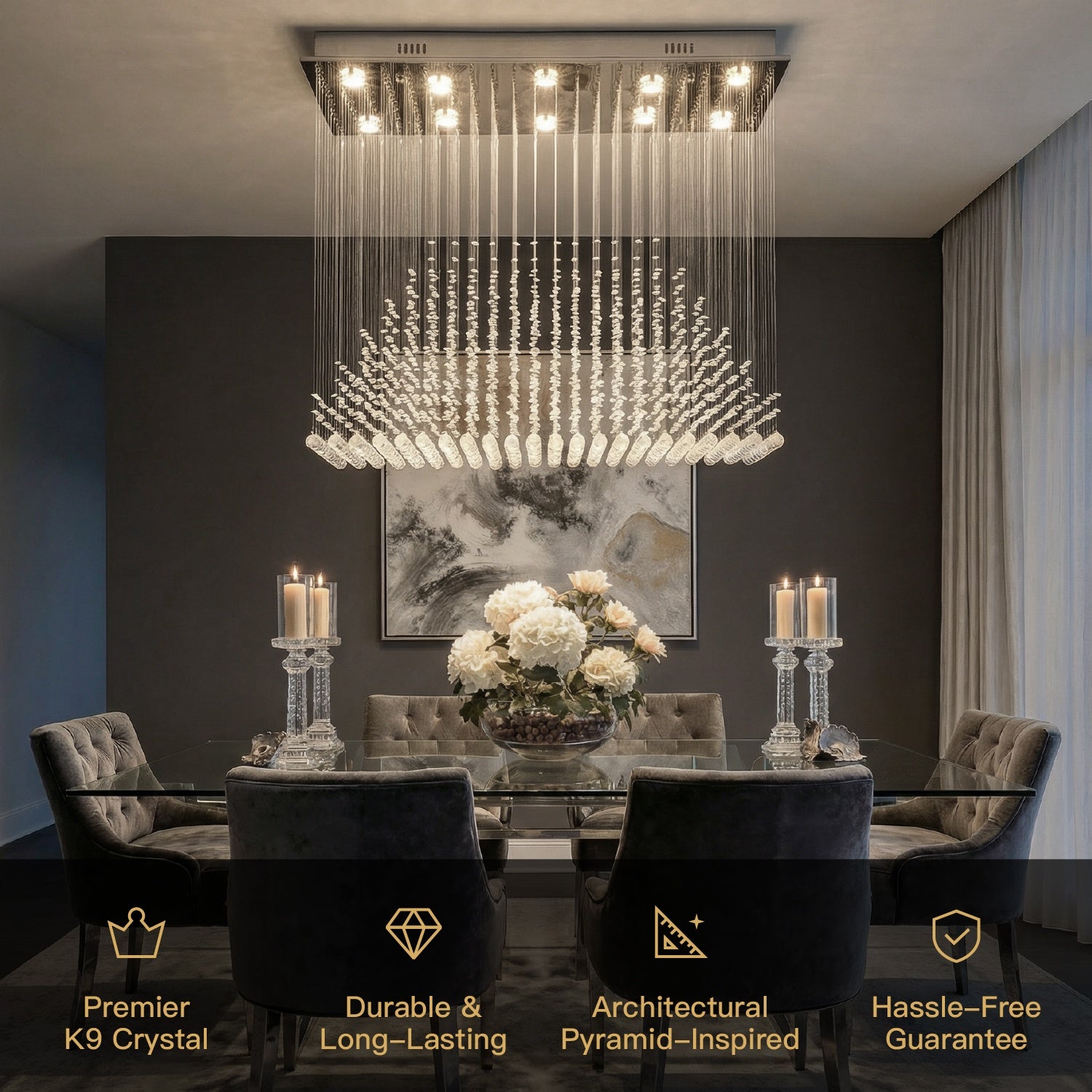 modern luxury rectangular k9 crystal chandelier hanging above dining table in elegant dining room | Sofary Lighting