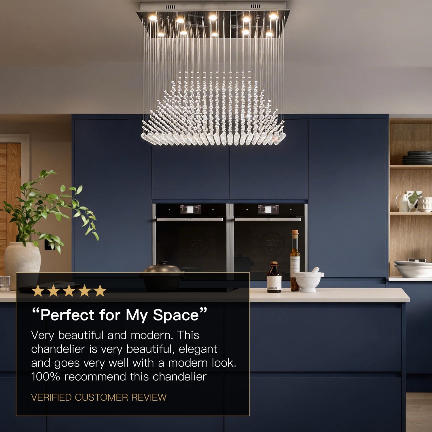 modern rectangular crystal chandelier installed above kitchen island with customer review overlay | Sofary Lighting