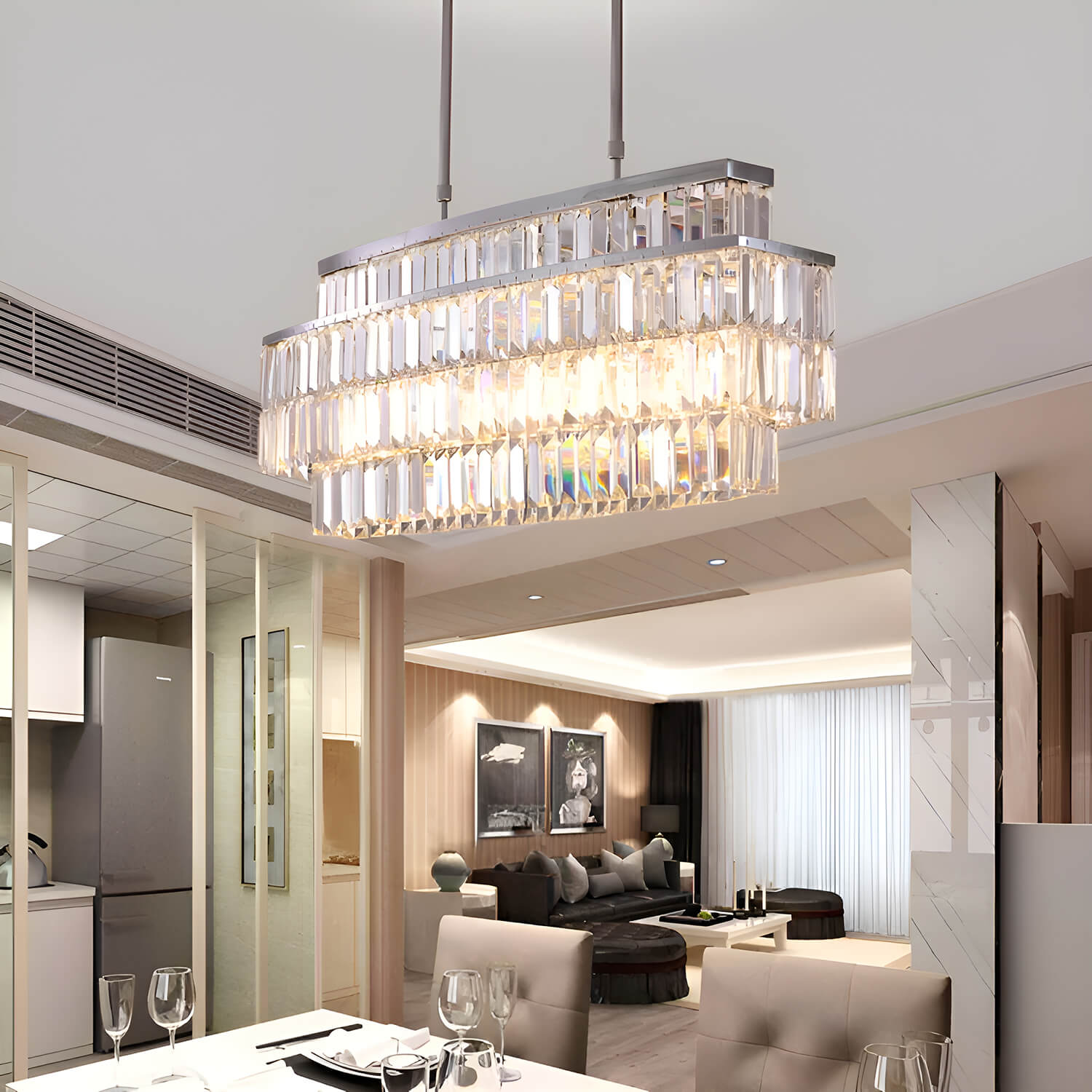 Modern Rectangular Crystal Chandelier - Rod-Type Pendant Light-dining-room-1 |Sofary