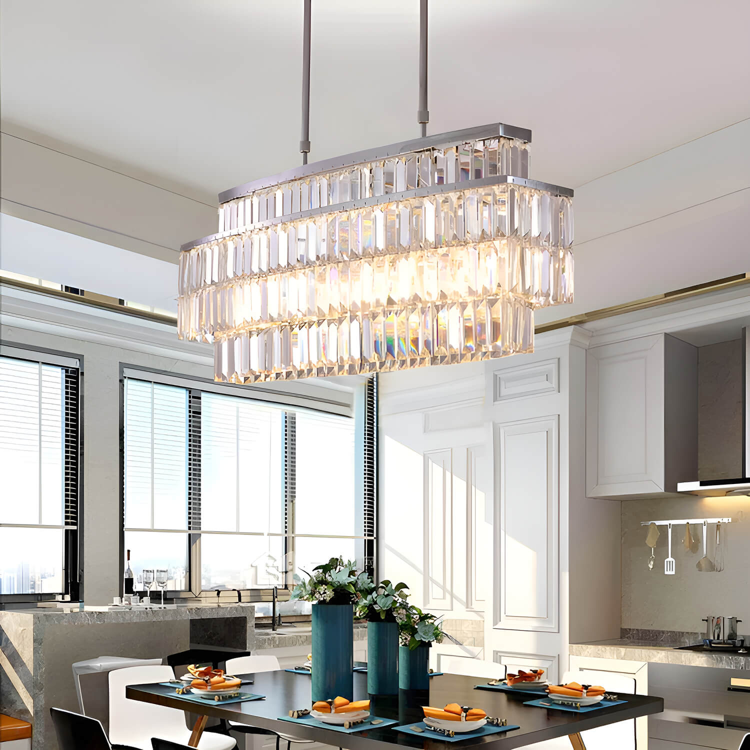 Modern Rectangular Crystal Chandelier - Rod-Type Pendant Light-dining-room-2 |Sofary