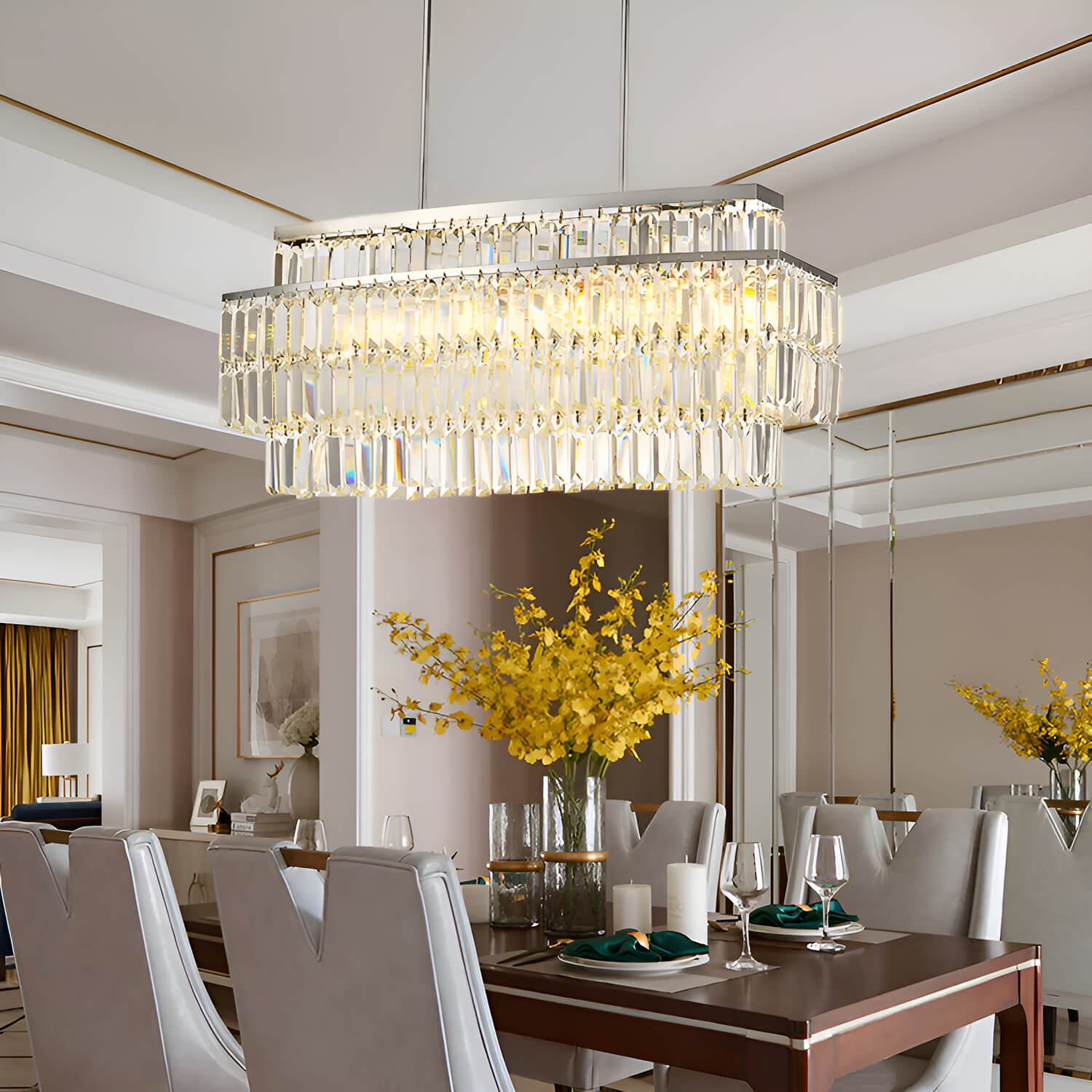 Modern Rectangular Crystal Chandelier - Rod-Type Pendant Light-dining-room-3 |Sofary