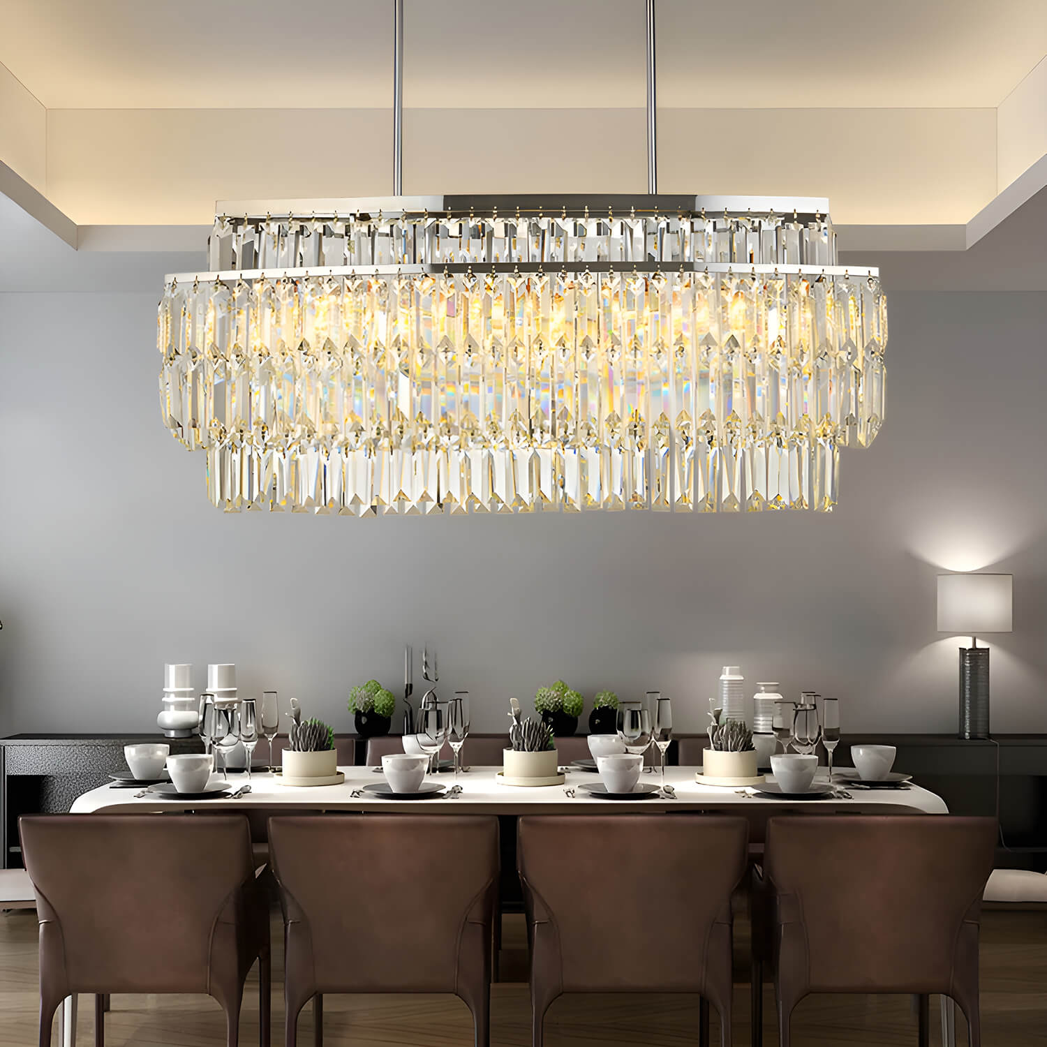 Modern Rectangular Crystal Chandelier - Rod-Type Pendant Light-dining-room-4 |Sofary