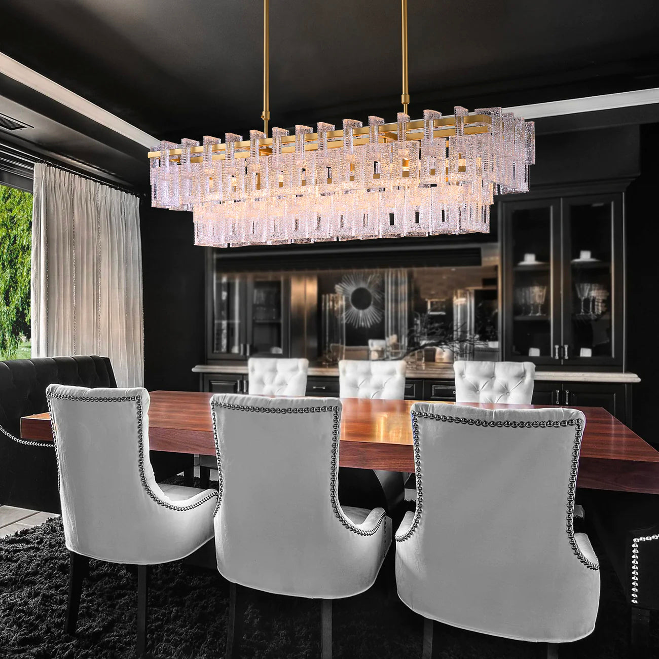 Modern Gold Frame Glass Linear Chandelier - Dining Room