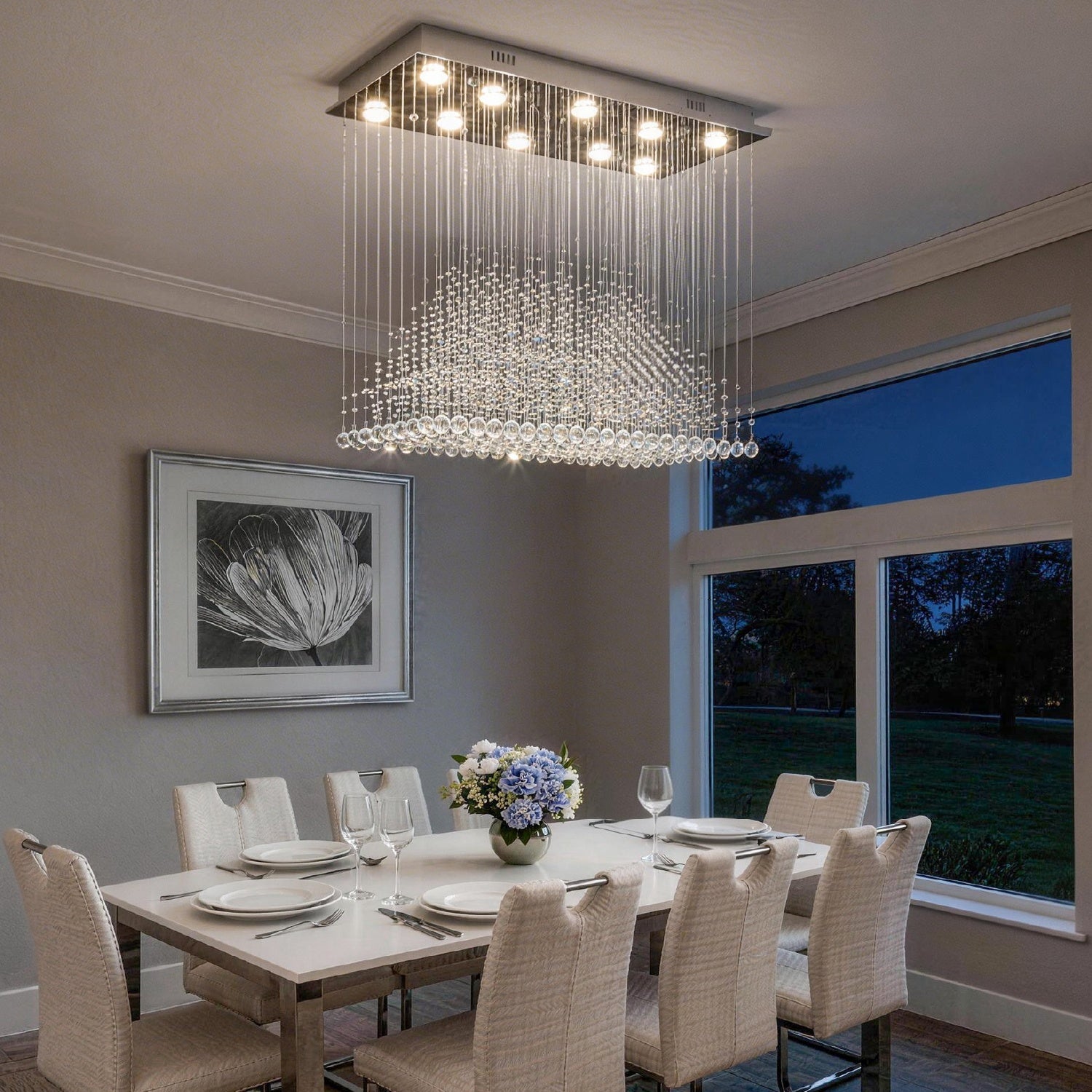 rectangular k9 crystal chandelier in bright modern dining room with large windows | Sofary Lighting