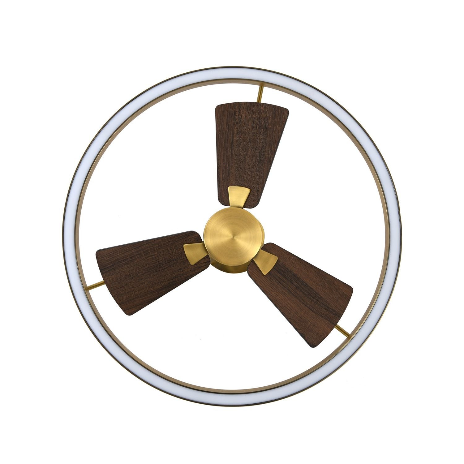 top view of modern ceiling fan with led ring light and three wooden blades