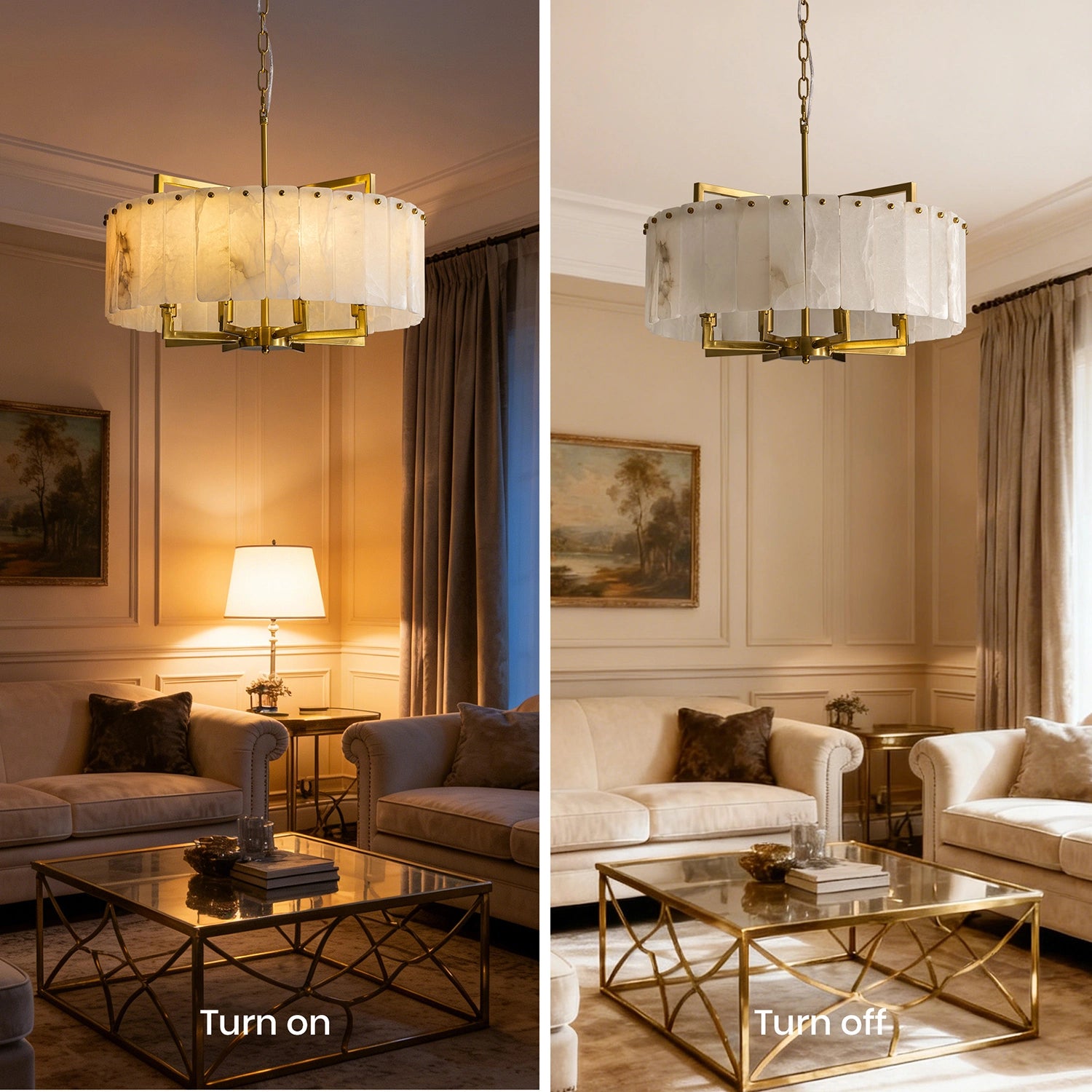 Comparative demonstration of a alabaster chandelier turned off during the day, and on at night to show varied light effect. Sofary Lighting