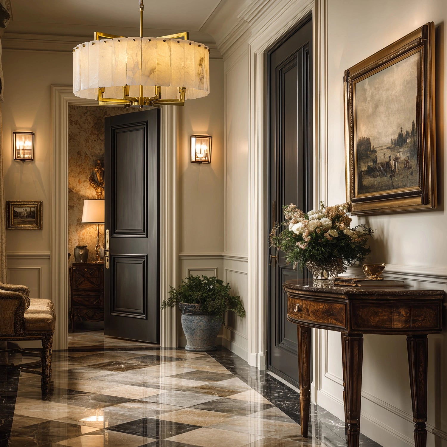 Round natural alabaster stone chandelier with gold brass hardware hanging in a luxury neoclassical foyer with marble floors and ornate wall paneling. Sofary Lighting
