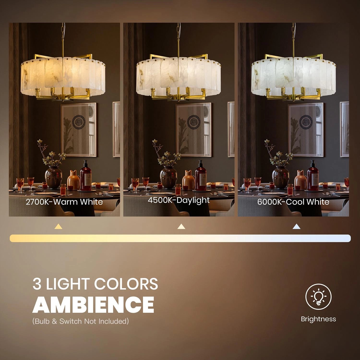 Comparative infographic showing the round alabaster stone chandelier in three color temperatures: 2700K Warm White, 4500K Daylight, and 6000K Cool White. Sofary Lighting