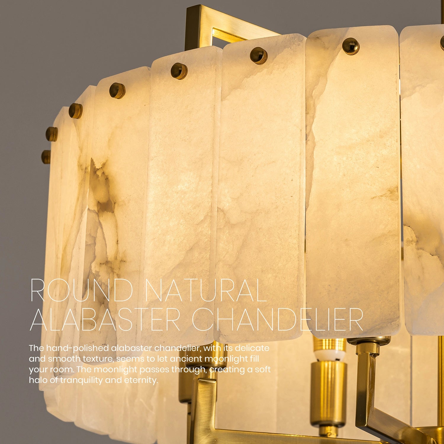 Close-up of hand-polished natural alabaster panels on a round chandelier, highlighting the stone's delicate texture and "moonlight" translucency. Sofary Lighting