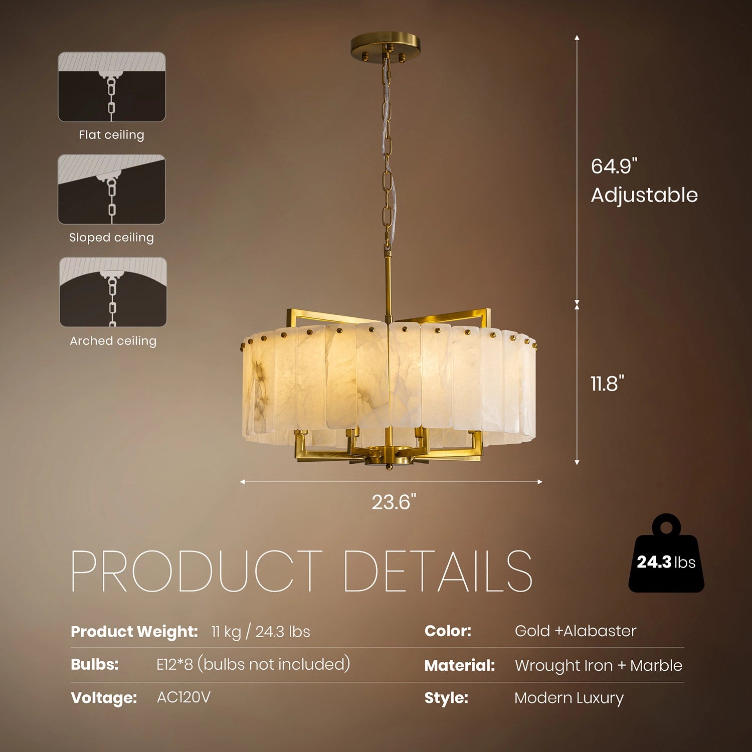 Dimensional product specification for a 23.6-inch round alabaster chandelier with adjustable height and ceiling compatibility. Sofary Lighting