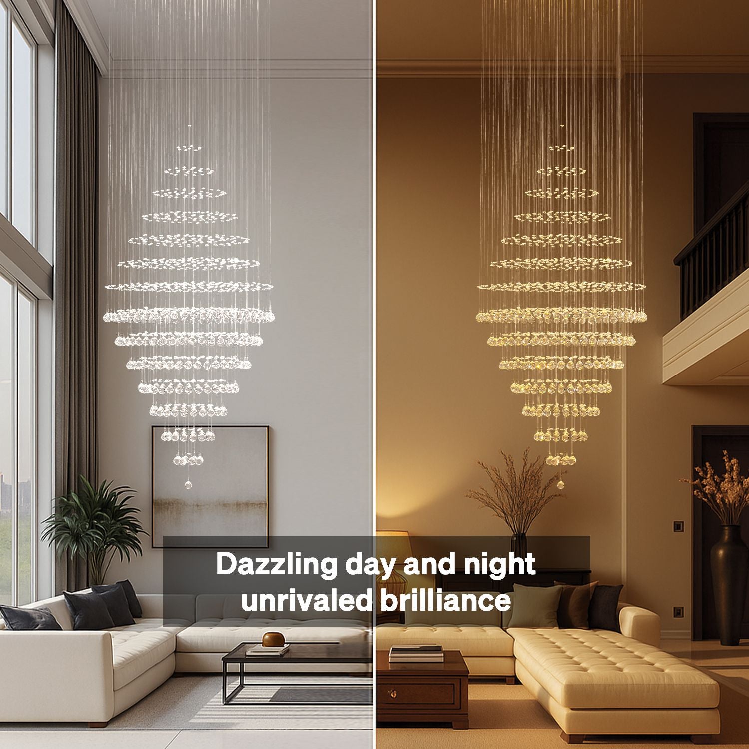 luxury crystal chandelier lighting showing bright daytime and warm night illumination effect | Sofary Lighting