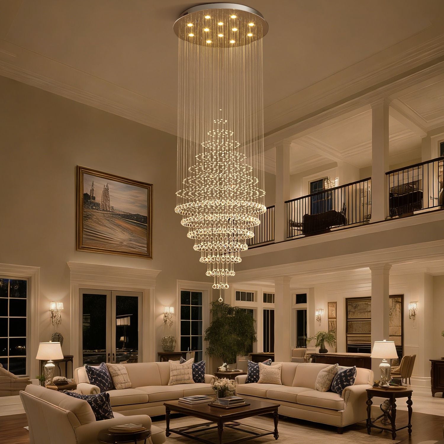 luxury modern round crystal chandelier hanging in high ceiling living room interior lighting | Sofary Lighting