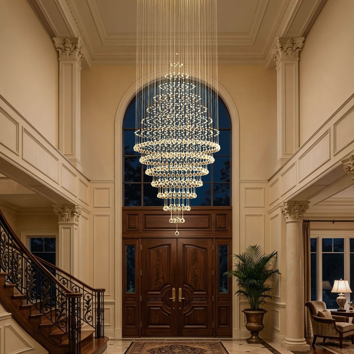 luxury modern round crystal chandelier staircase lighting fixture in high ceiling foyer entrance hall | Sofary Lighting