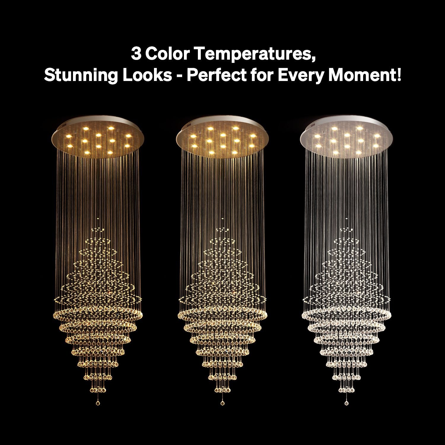 luxury modern round crystal chandelier lighting fixture with three color temperature lighting options | Sofary Lighting