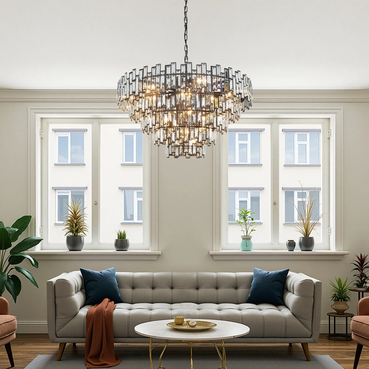 Modern Tiered Crystal Prism Chandelier – Luxury Black Metal