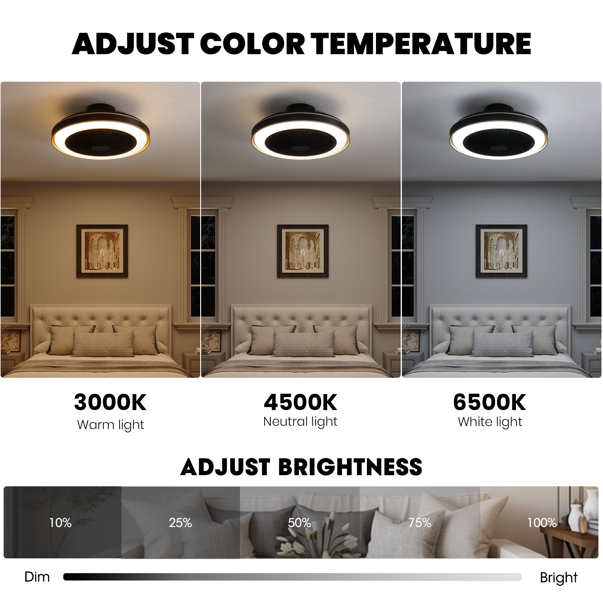 Nexa LED Fan 3 adjustable color temperatures — 3000K Warm, 4500K Neutral, 6500K Cool White — customize lighting for mood, work, or relaxation | Sofary Lighting