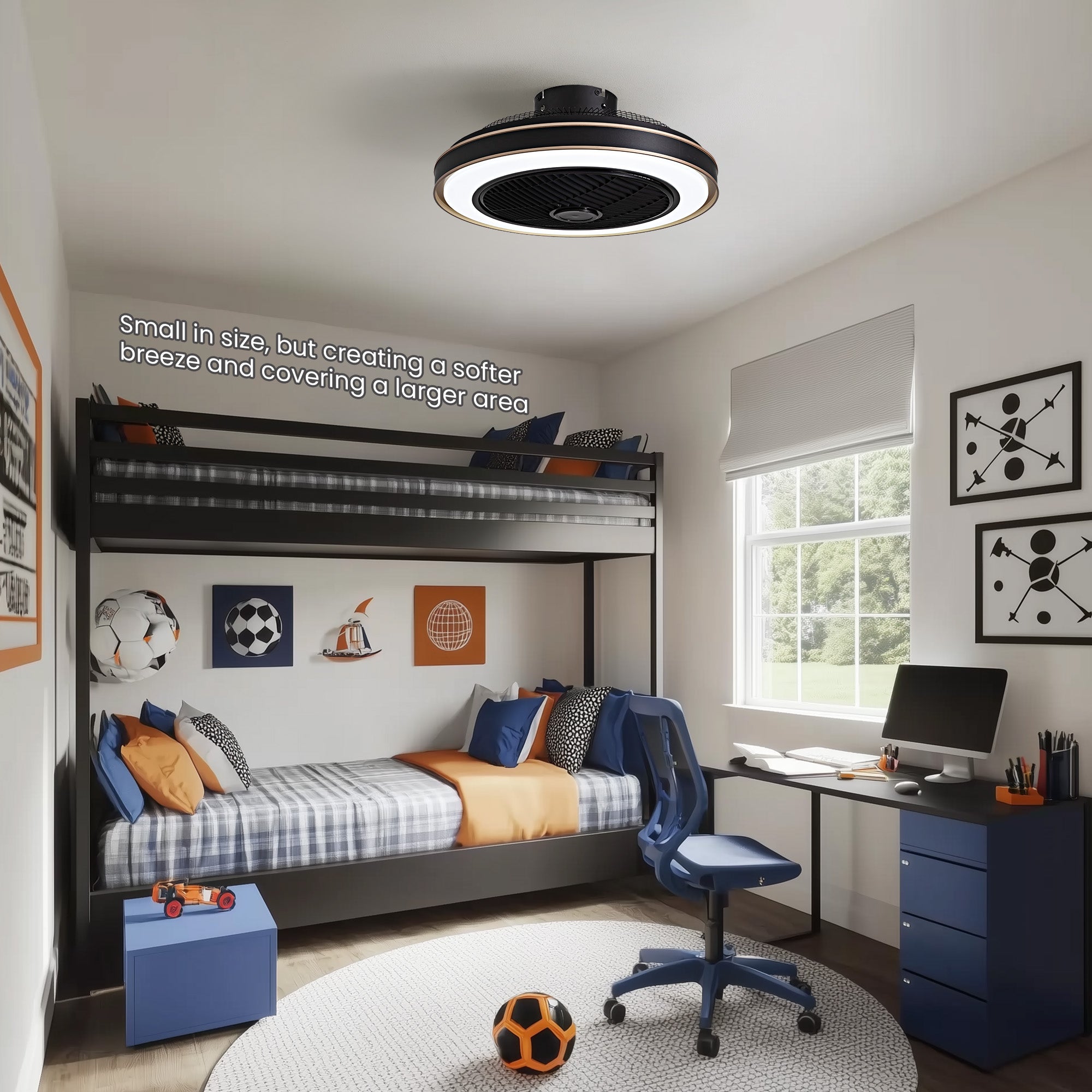 Nexa Whisper Quiet Ceiling Fan in serene bedroom — soft LED glow, reversible airflow, perfect for restful sleep and temperature regulation | Sofary Lighting