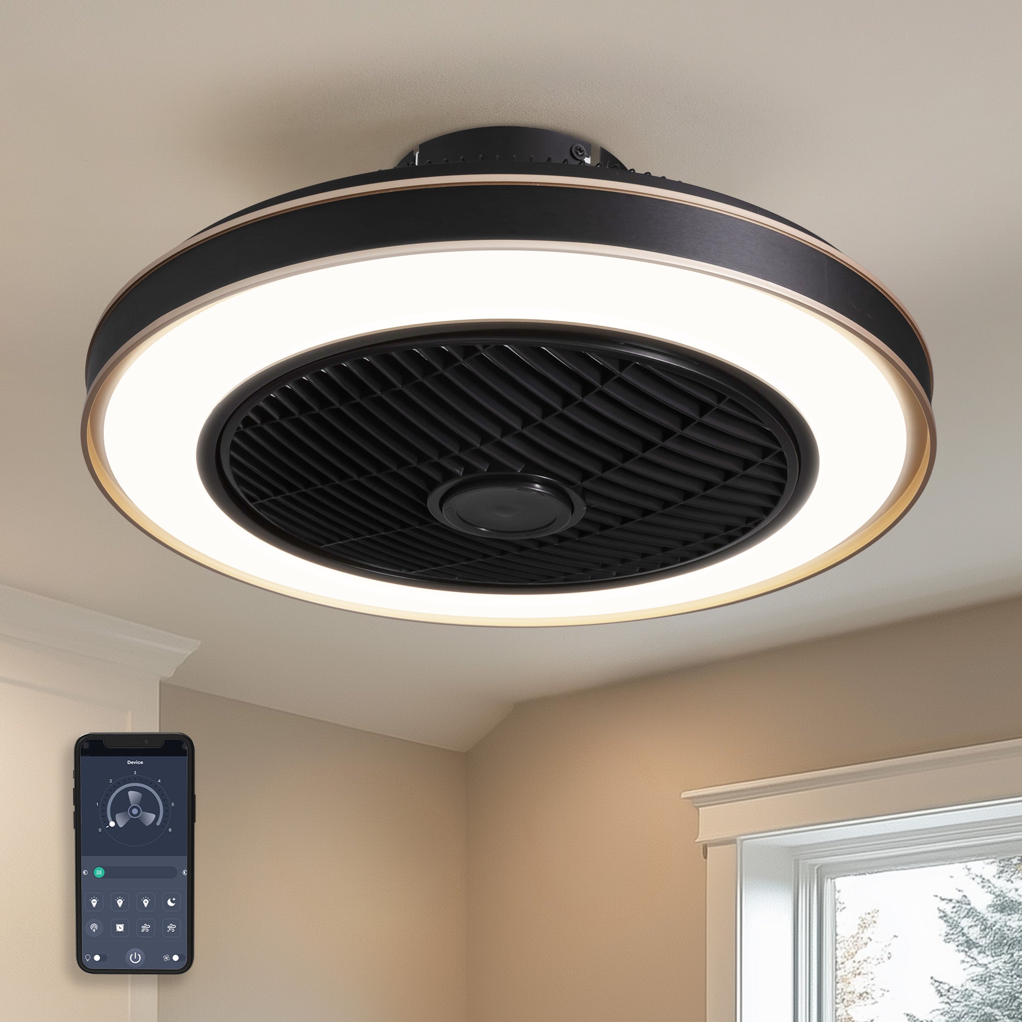Nexa 19.7" Modern Black Low Profile Caged Ceiling Fan with LED Light — sleek iron cage design, reversible motor, remote & app control, ideal for bedrooms and living rooms | Sofary Lighting